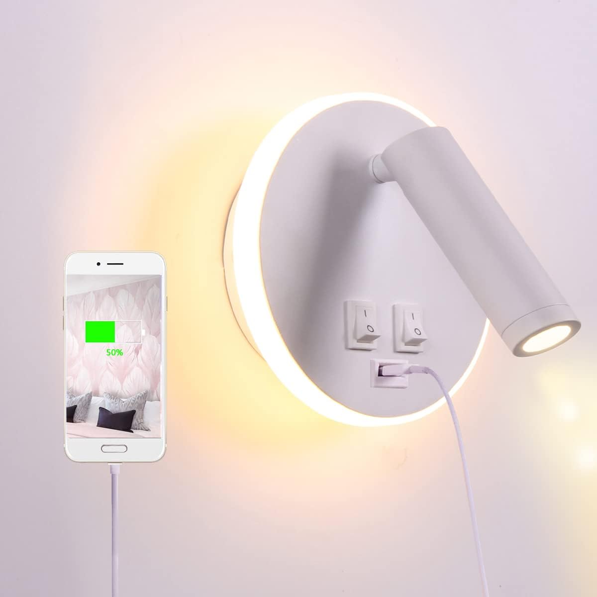 Lampka nocna LED z portem ładowania USB, lampa ścienna do wnętrz, z przełącznikiem, biała 3 W + 8 W (okrągłe złącze USB)