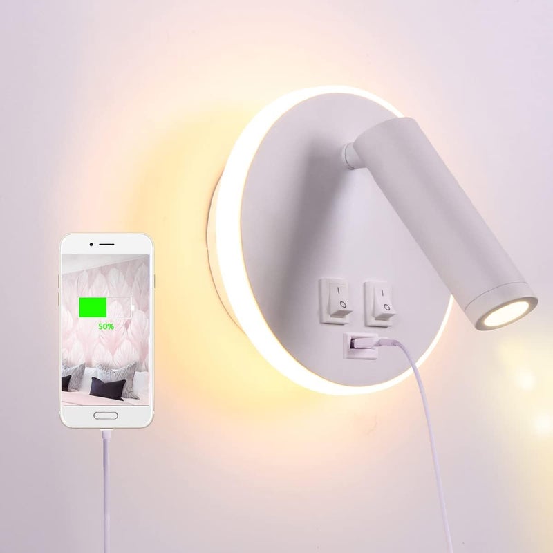 Lampka nocna LED z portem ładowania USB, kinkiet wewnętrzny, z włącznikiem, biała 3 W + 8 W (USB okrągłe)