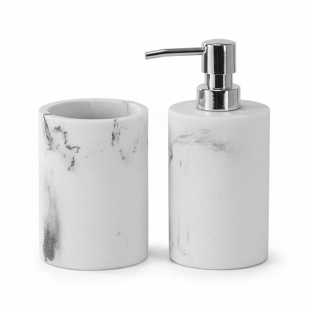 Ensemble 4 Accessoires Salle De Bain Céramique Marbrée Blanc Mat - Distributeur Savon, Porte-Brosse, Gobelet, Porte-Savon