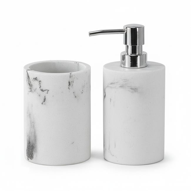 Ensemble 4 Accessoires Salle De Bain Céramique Marbrée Blanc Mat - Distributeur Savon, Porte-Brosse, Gobelet, Porte-Savon