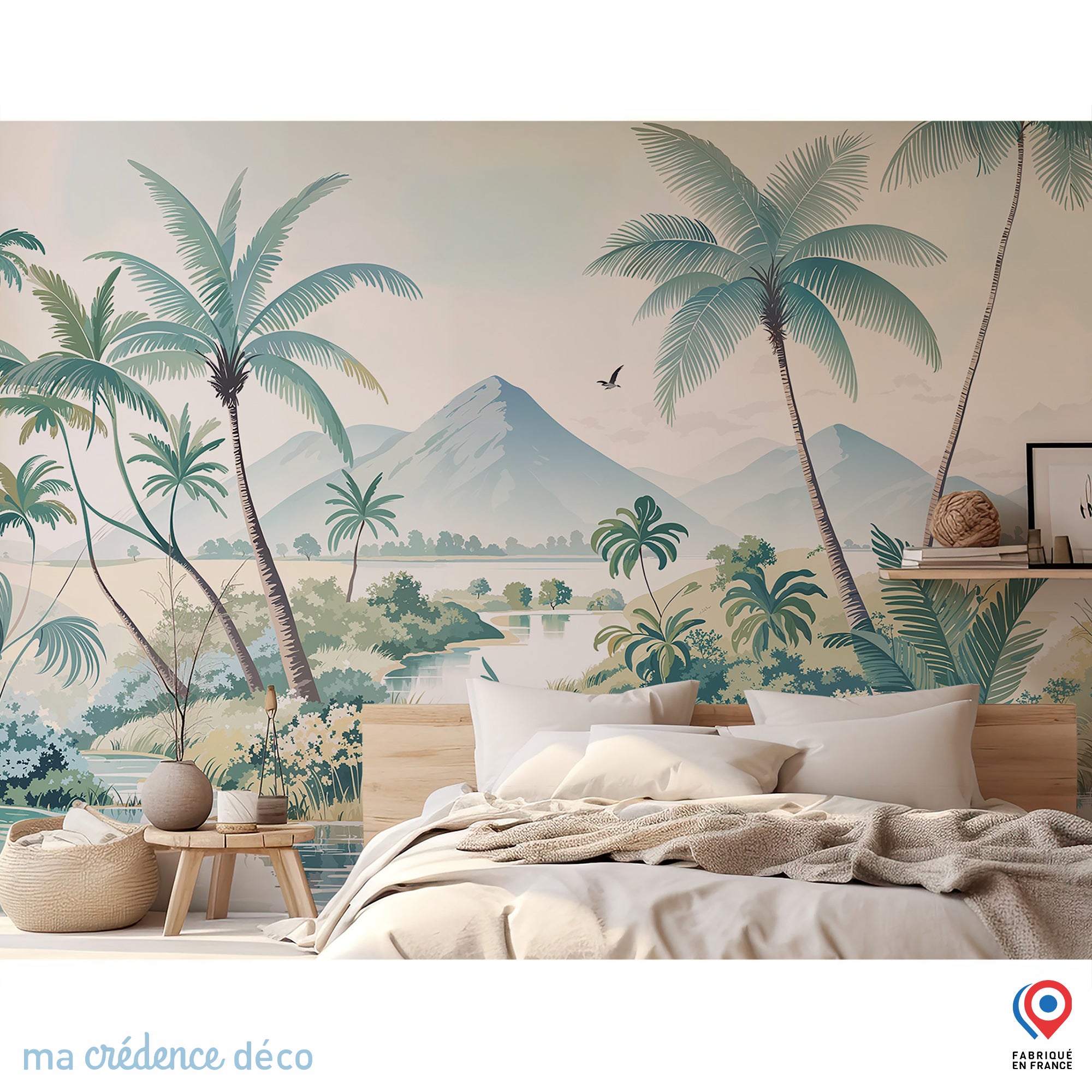Papier peint Fresque tropicale aérée avec palmiers et montagnes, Dessin ...