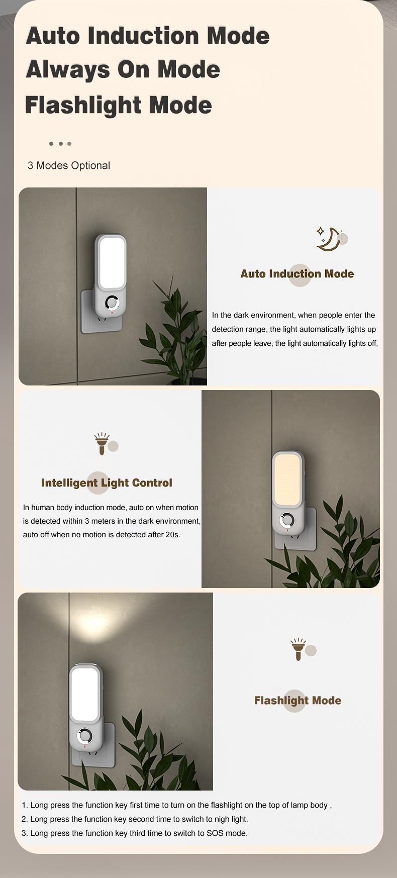 Luce notturna a LED con rilevamento del movimento - Ricaricabile, 3 modalità, illuminazione ideale per camera da letto e corridoio - 7