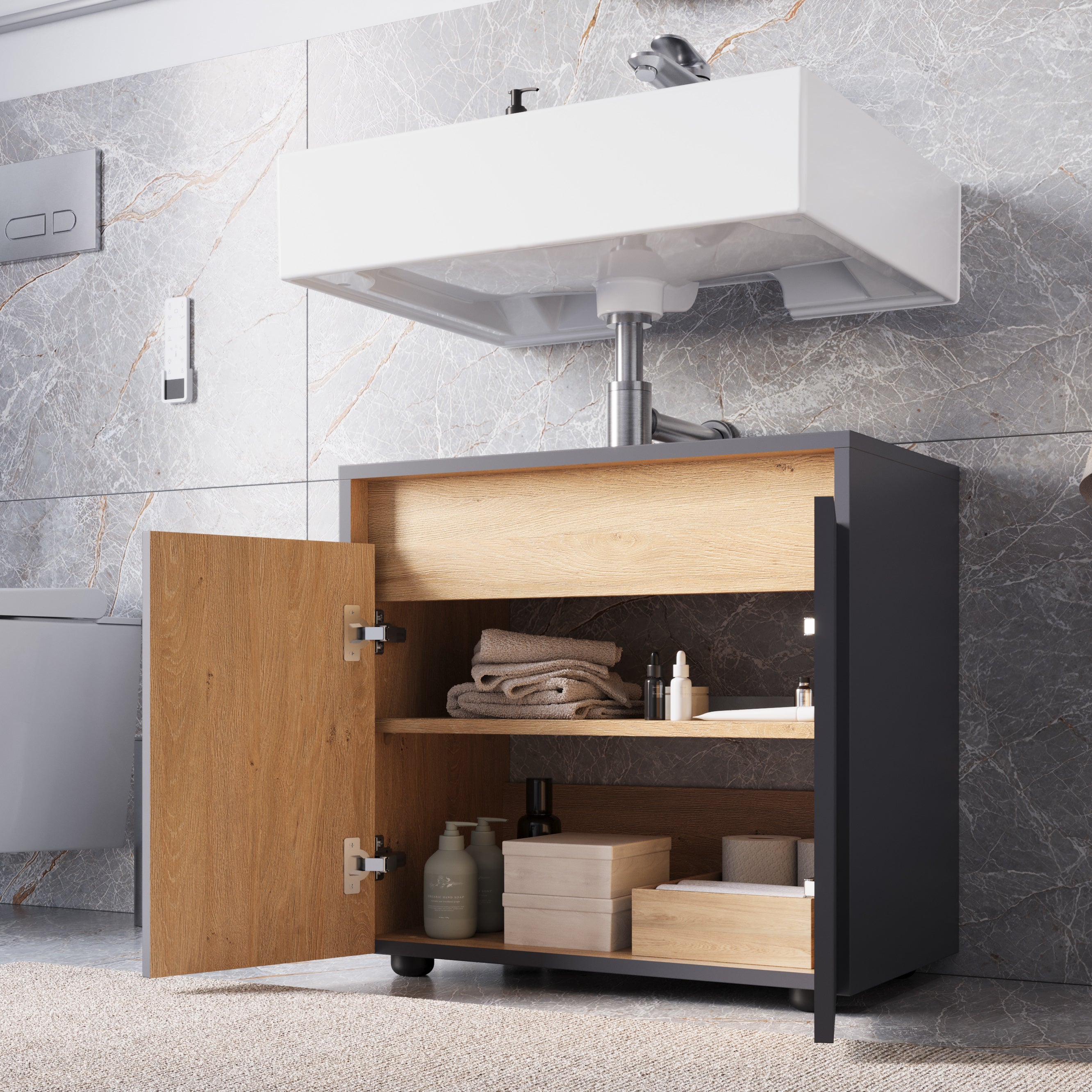 BERNSTEIN - Meuble sous vasque à poser MDF Anthracite mat 60x35x54cm (LxPxH) + 2 portes - BELDIVO - 4