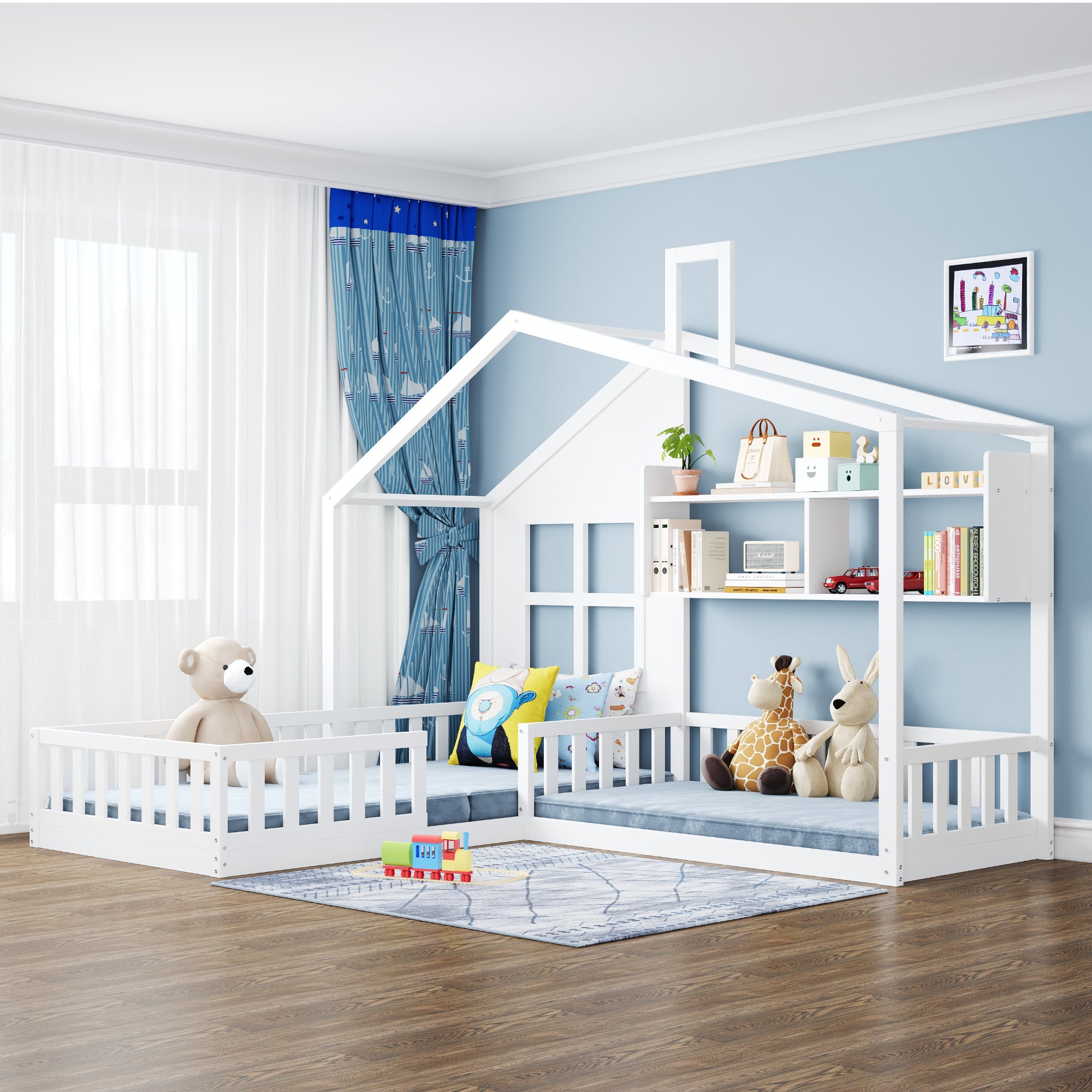 Lit Cabane Superposé Enfant 90x200 Avec Escalier Rangement - Blanc Et Naturel - Grille De Sécurité Anti-chute, Toit Et Fenêtre