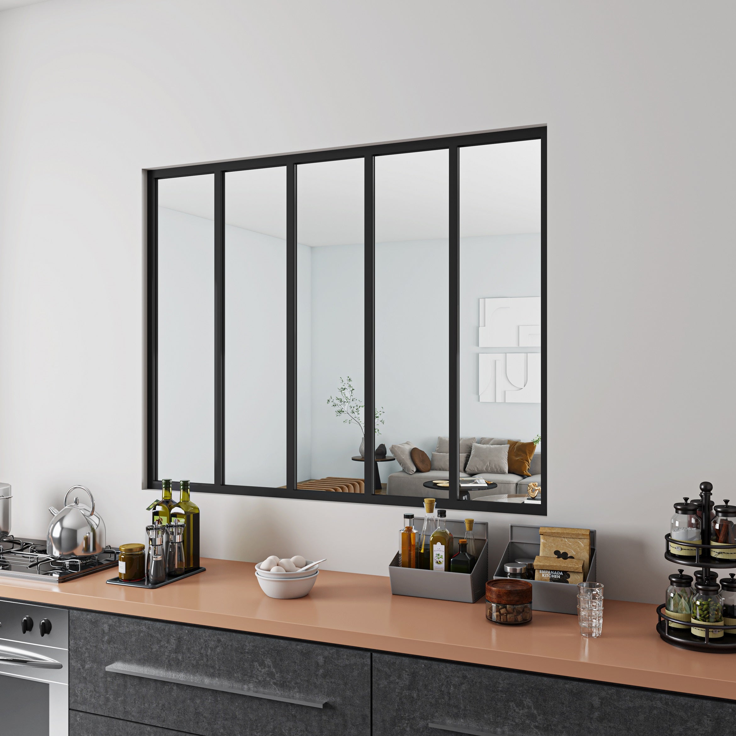 Verrière Atelier en aluminium noir mat L.153xH.108cm 5 carreaux transparents inclus, Verrière fixe kit de verrière et vitrage - 2