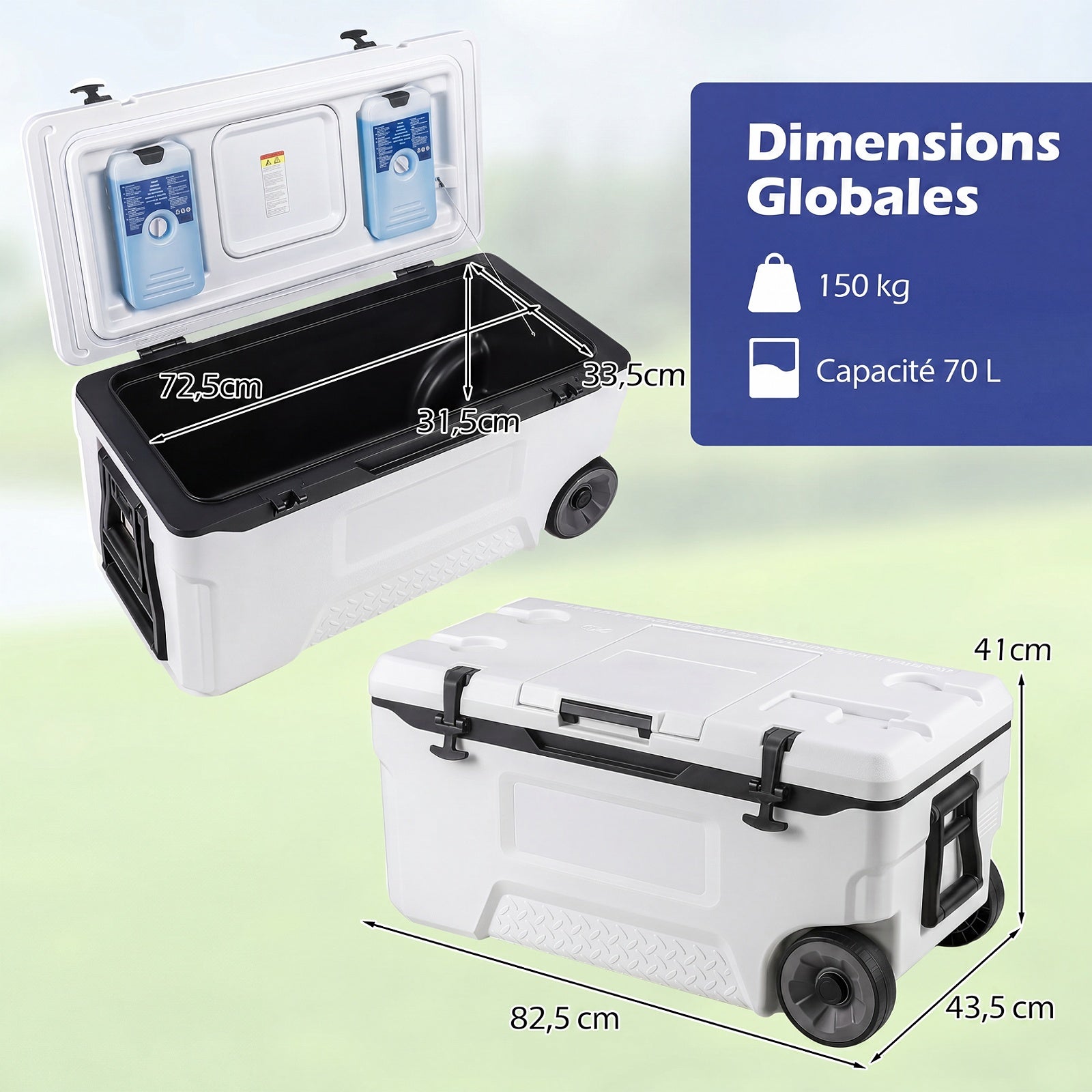 Glacière, Poignées et Roulettes Transport, Glacière Portable de 70L, Orifice de Sortie, Emplacement du Gobelet, Garder la Glace Jusqu'à 6 Jours, Blanc - 3