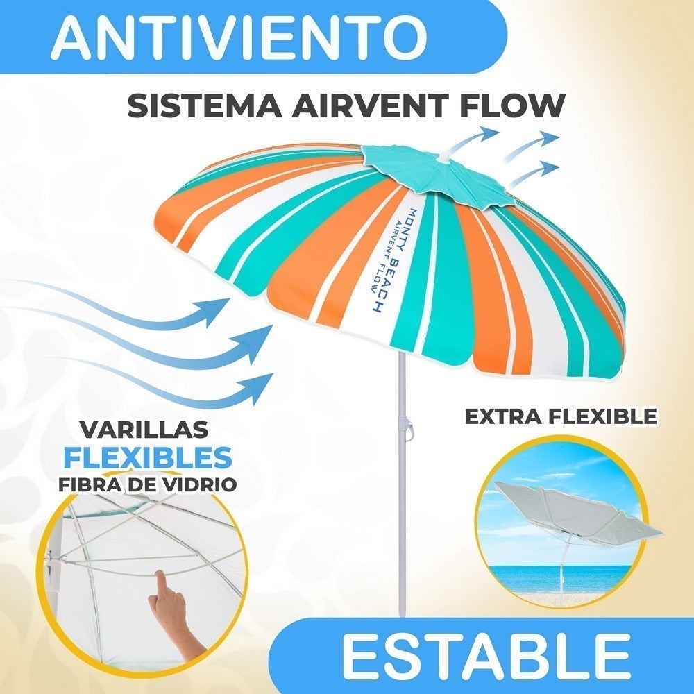 Sombrilla playa 180 cm y soporte arena, protección UV+50, Rayas multicolor MONTY - 4
