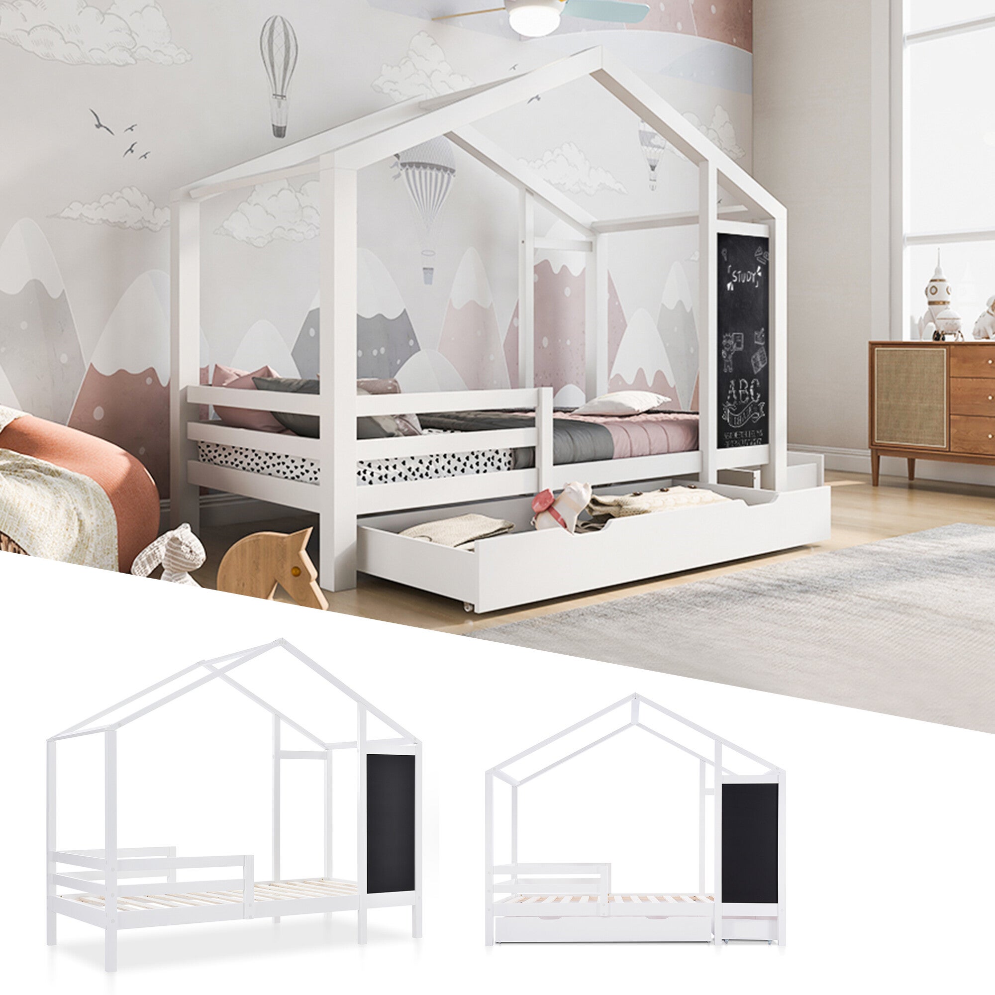 URBAN MEUBLE Lit enfant lit cabane 90 x 200 cm avec 2 tiroirs, bois massif avec clôture et sommier à lattes, blanc (sans matelas) - 4