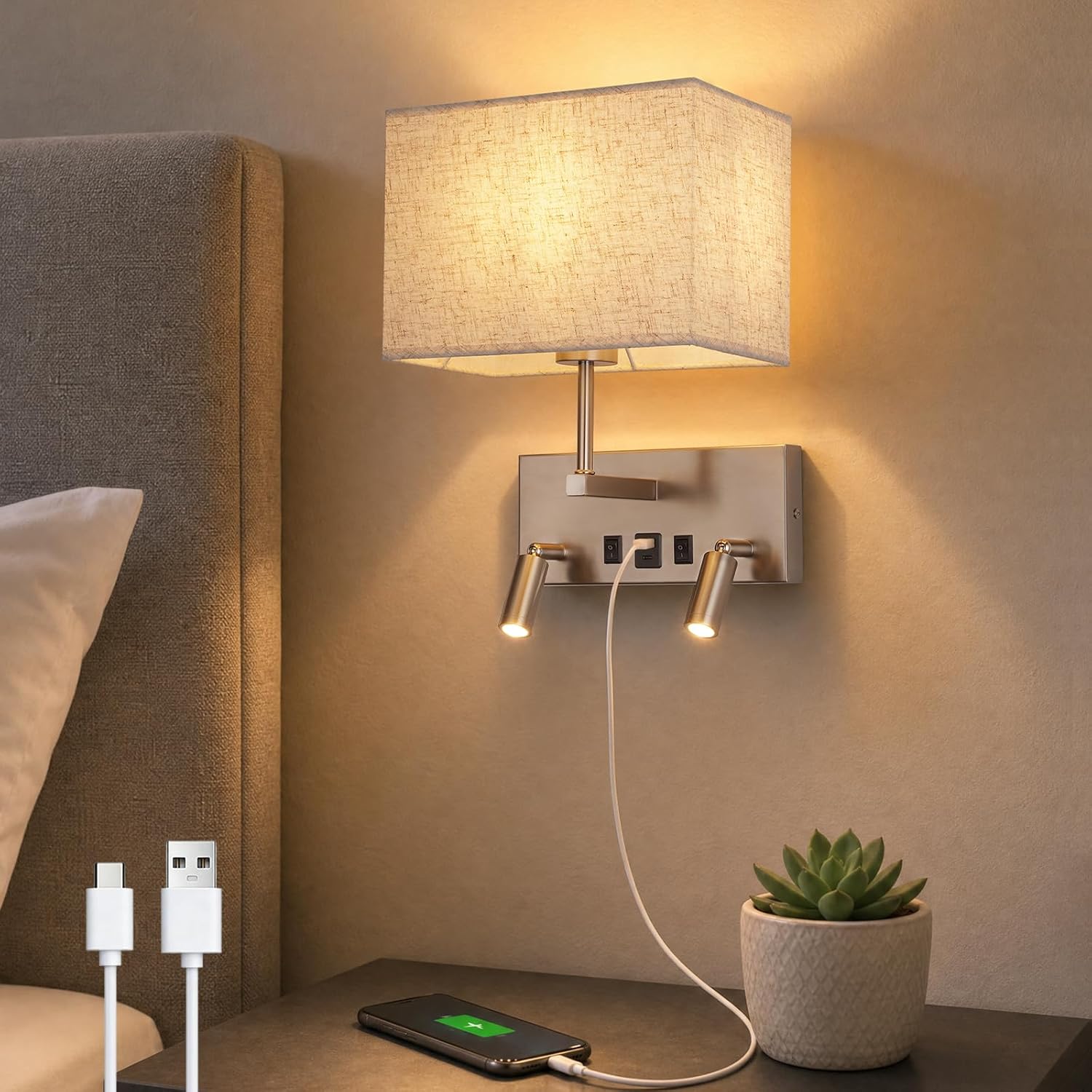 NETTLIFE Aplică de perete cu întrerupător – capac din material E27 și două lămpi de citire cu LED rotative la 360° – becurile nu sunt incluse