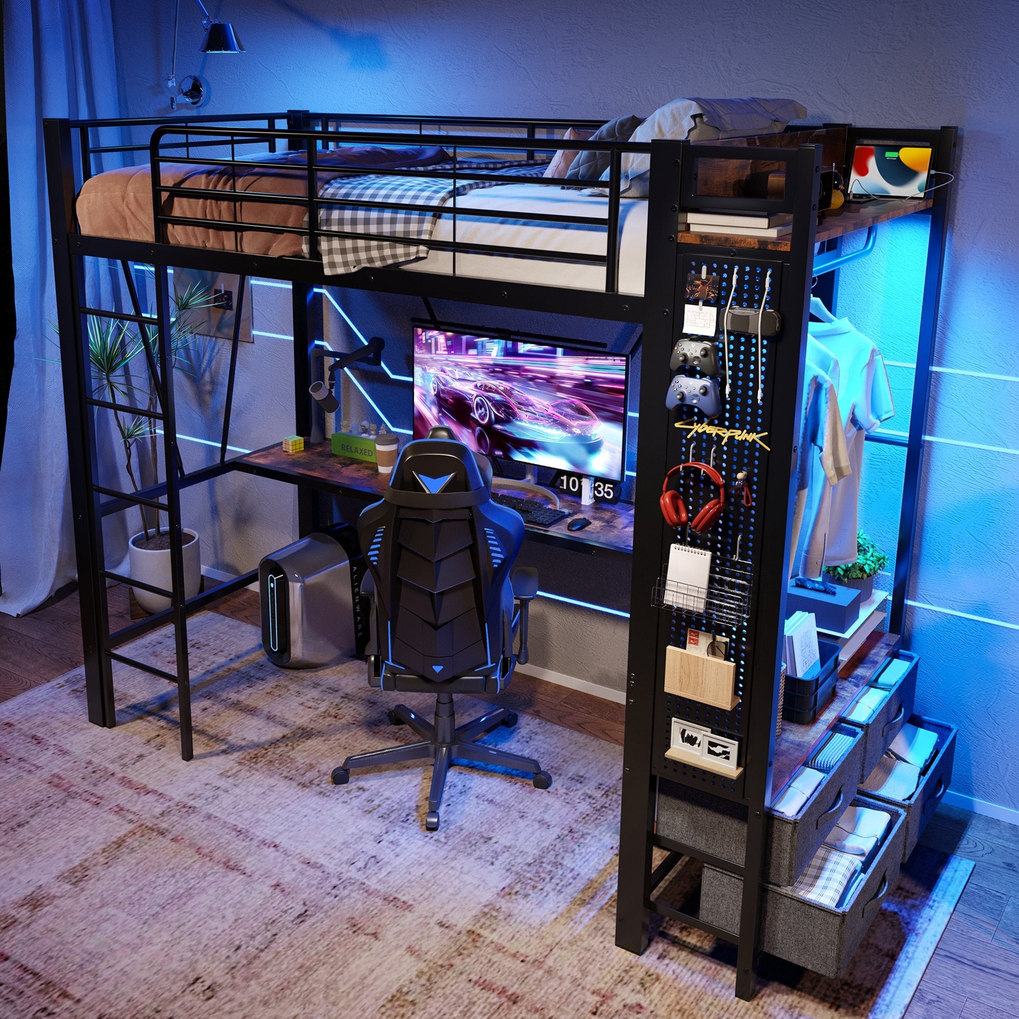 Lit mezzanine 90x200,lit simple,structure en fer,bureau,étendoir,4 ...