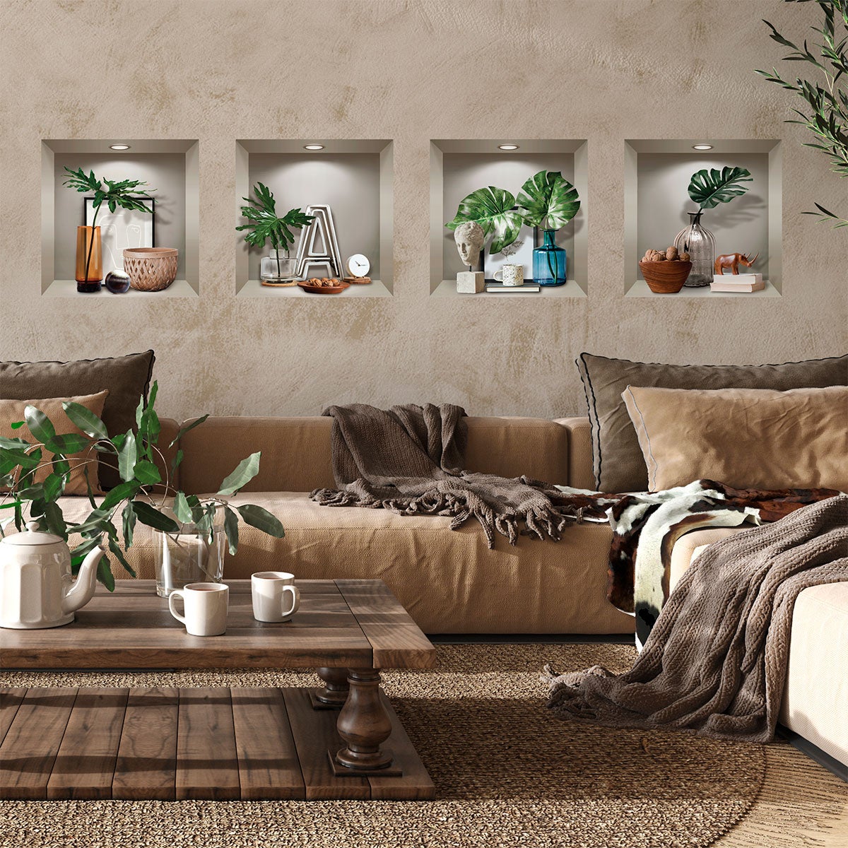 Vinilo efecto 3D plantas y objetos de diseño - adhesivo de pared - revestimiento sticker mural decorativo - 60x60cm - 3