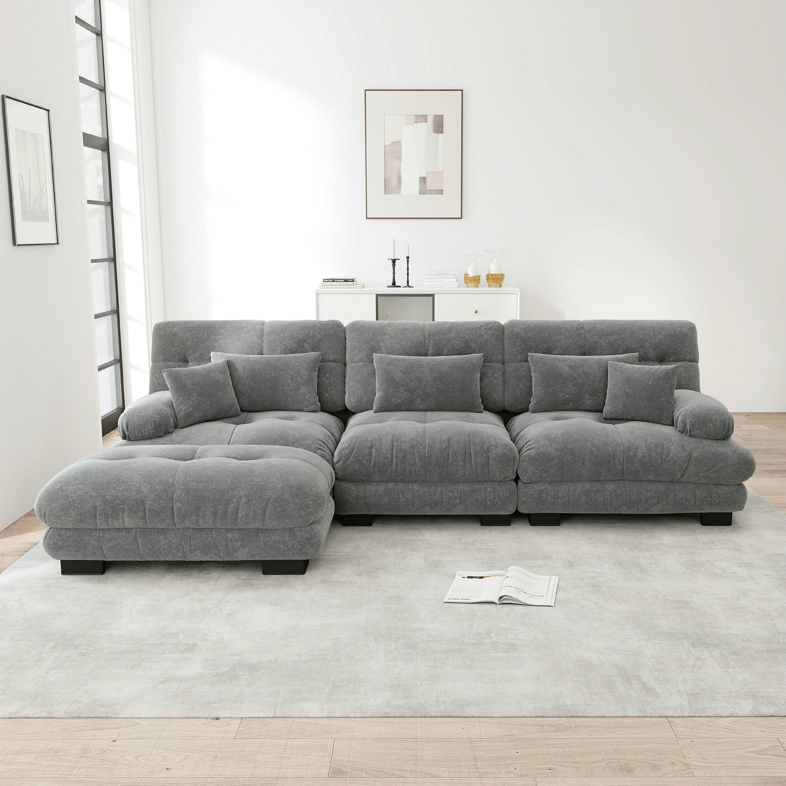 Canapé d\'angle modulaire luxueux - en forme de nuage, 3 places Élégant confortable – canapé-lit profond avec pouf – chenille – gris - 3