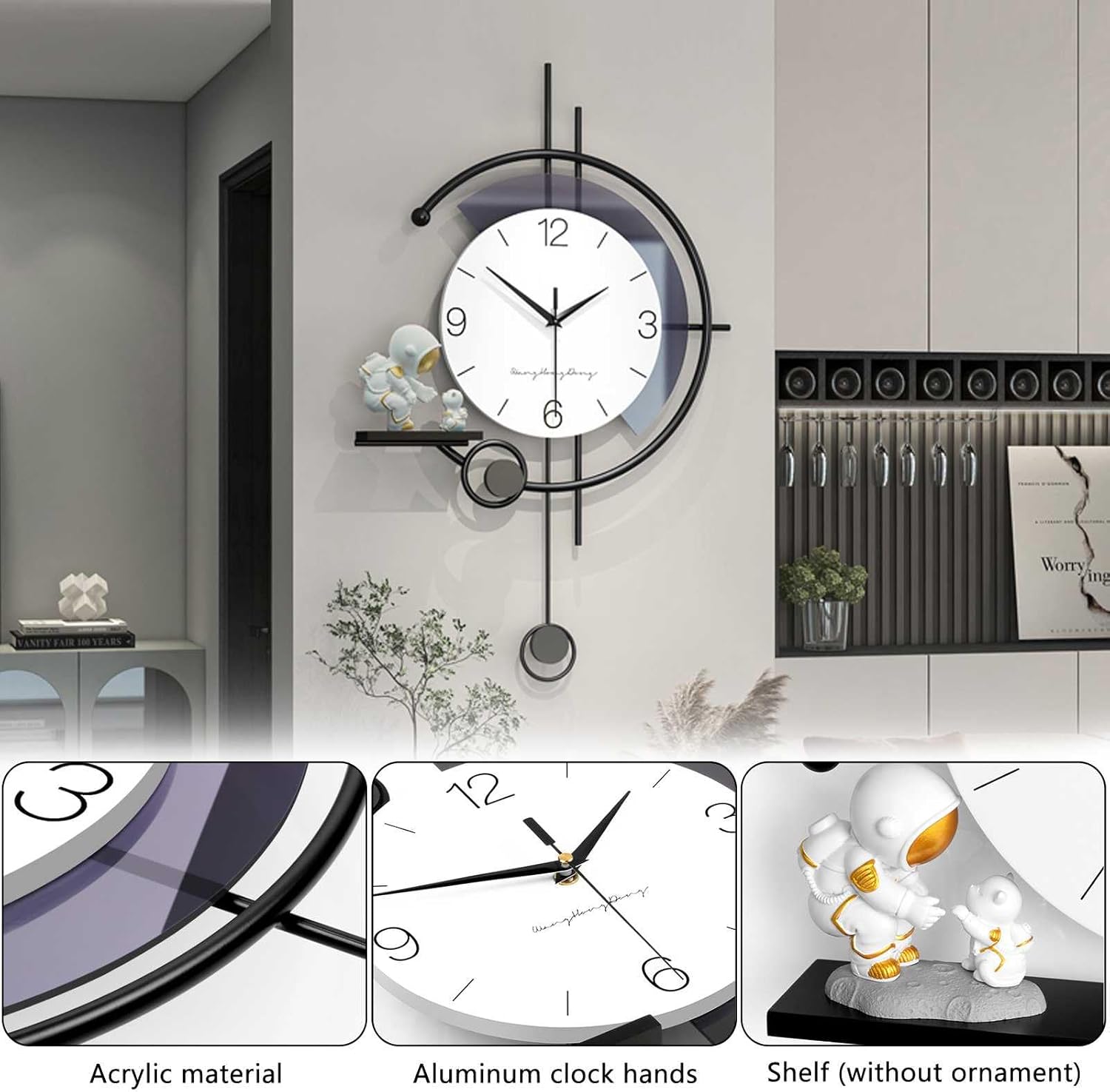Horloge murale décorative simple et créative, silencieuse, avec table de rangement, adaptée au salon, à la chambre, au bureau, à la cuisine, au bureau - 3