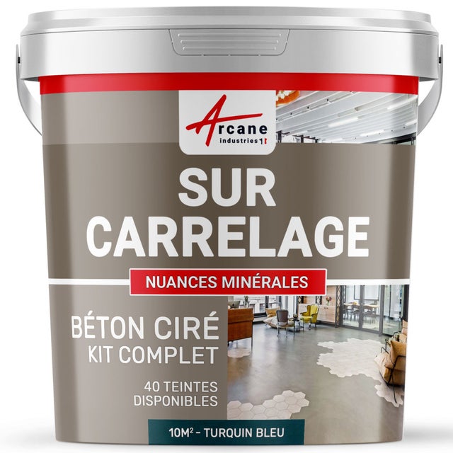 BETON CIRE CARRELAGE POUR SOLS ET MURS - KIT BETON CIRE SUR CARRELAGE - 10 m² (en 2 couches) Turquin Bleu - ARCANE INDUSTRIES