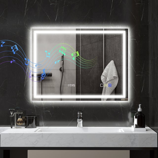 Miroir salle de bain LED Bluetooth 60x80 cm anti-buée tactile avec horloge pour salle d'eau