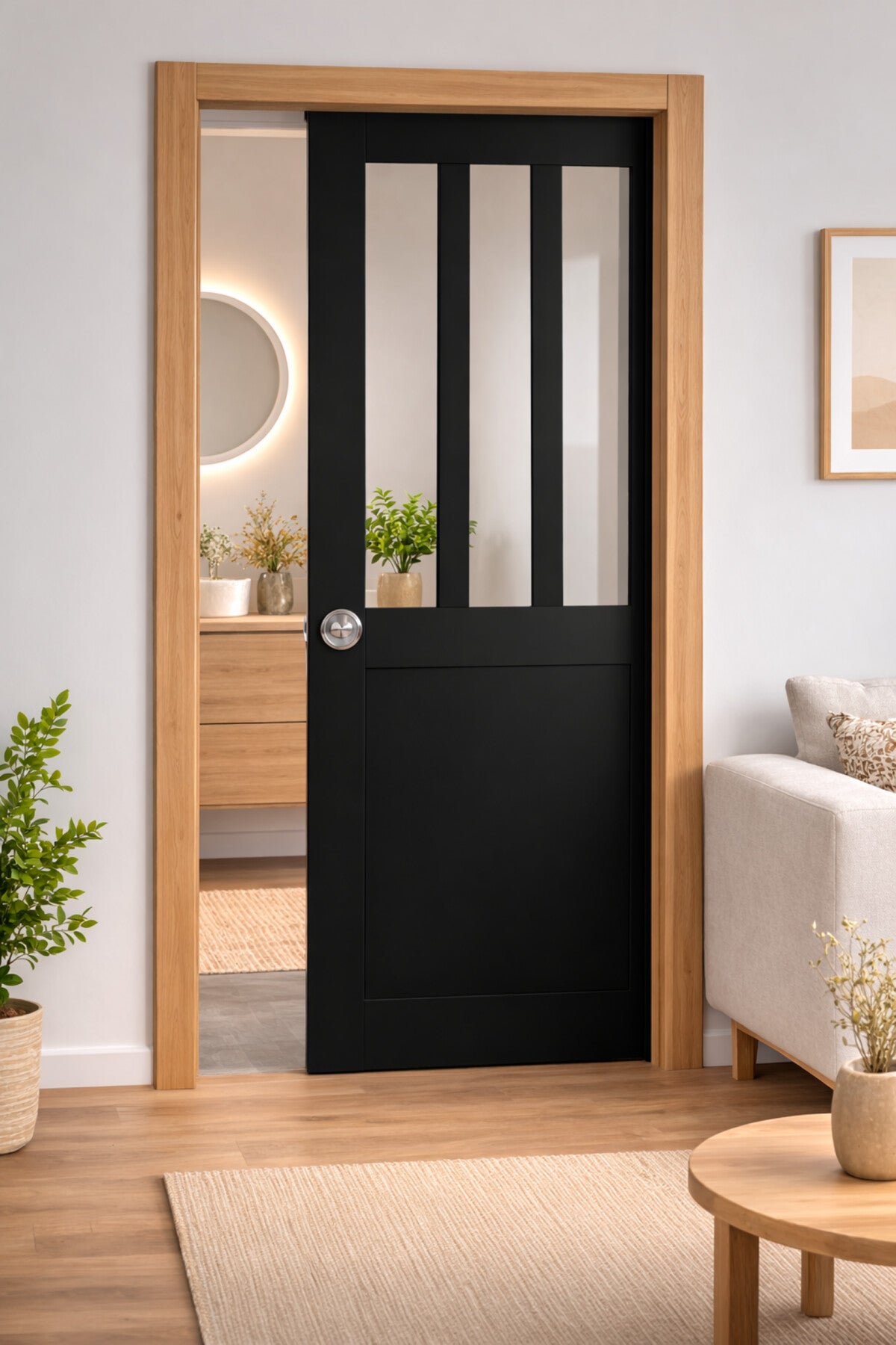 Puerta corredera de taller negra h204 x l93 cm, empotrada, kit de acabado gd menuiseries sin manilla