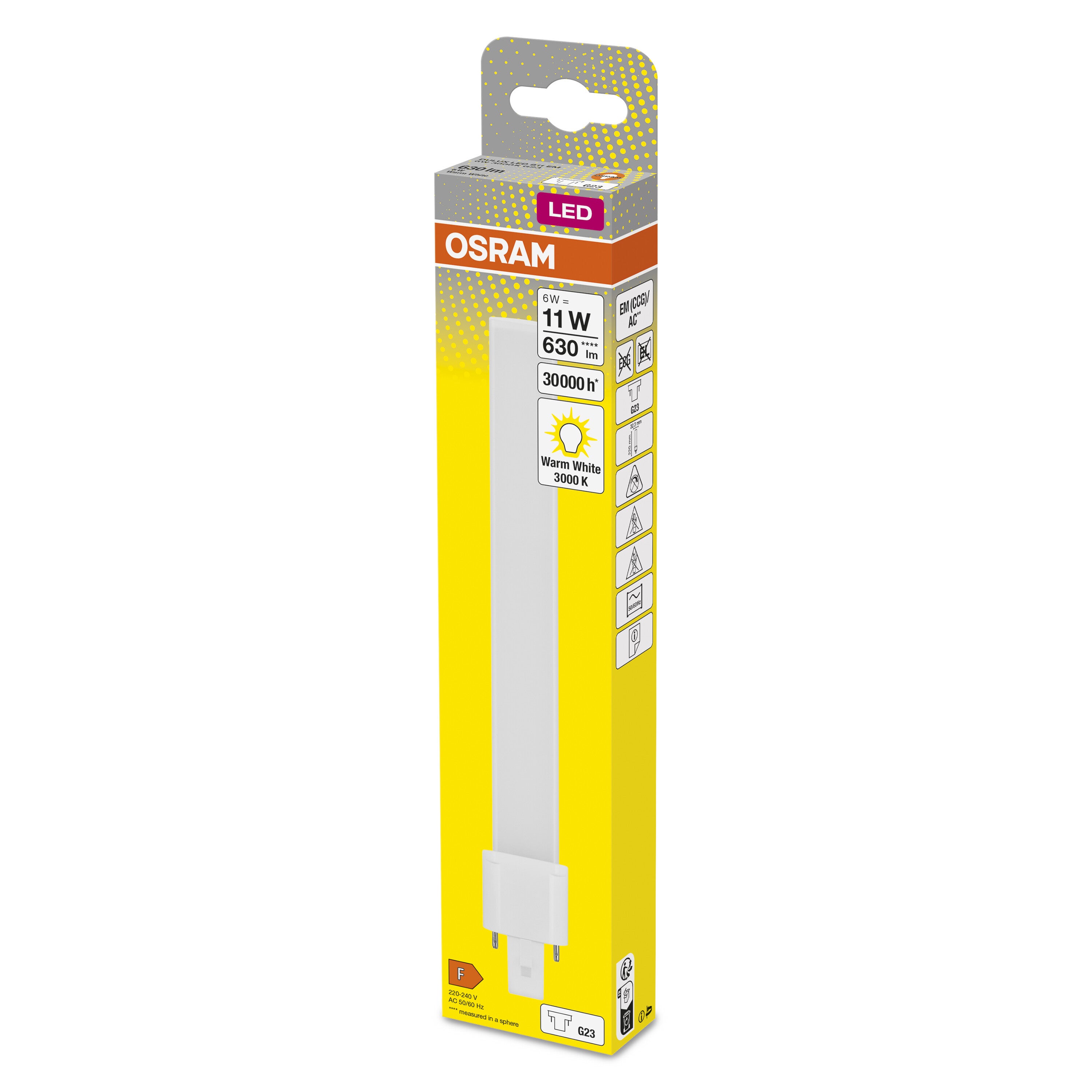 OSRAM OSRAM DULUX S LED EM & AC MAINS / Tubo Led: G23, Largo: 234 mm, 6 W, 11 W Reemplazo por, mate, Warm White, 3000 K - 2