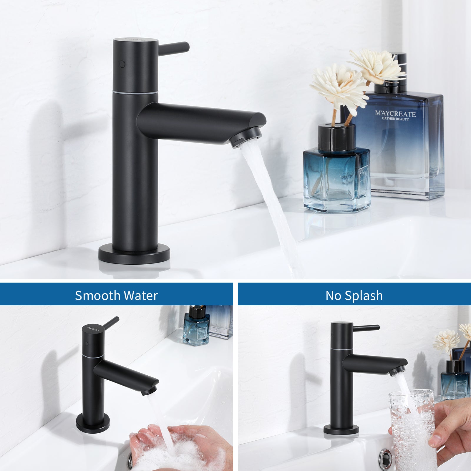 Cecipa max Robinet de lave-main Robinet de Lavabo, Robinet eau Froide, Robinet de Lavabo Noir, Avec Aérateur Remplaçable,EU Modèle - 3