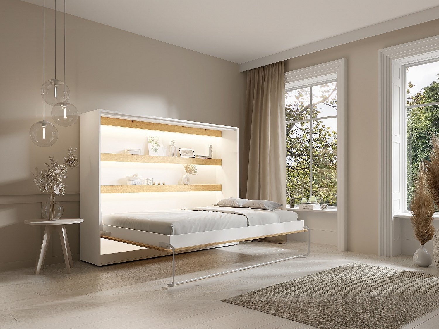 Łóżko chowane w szafie 140 × 200 cm – Otwieranie poziome manualne – Oświetlenie LED – Białe i naturalne + Materac – RAPILI