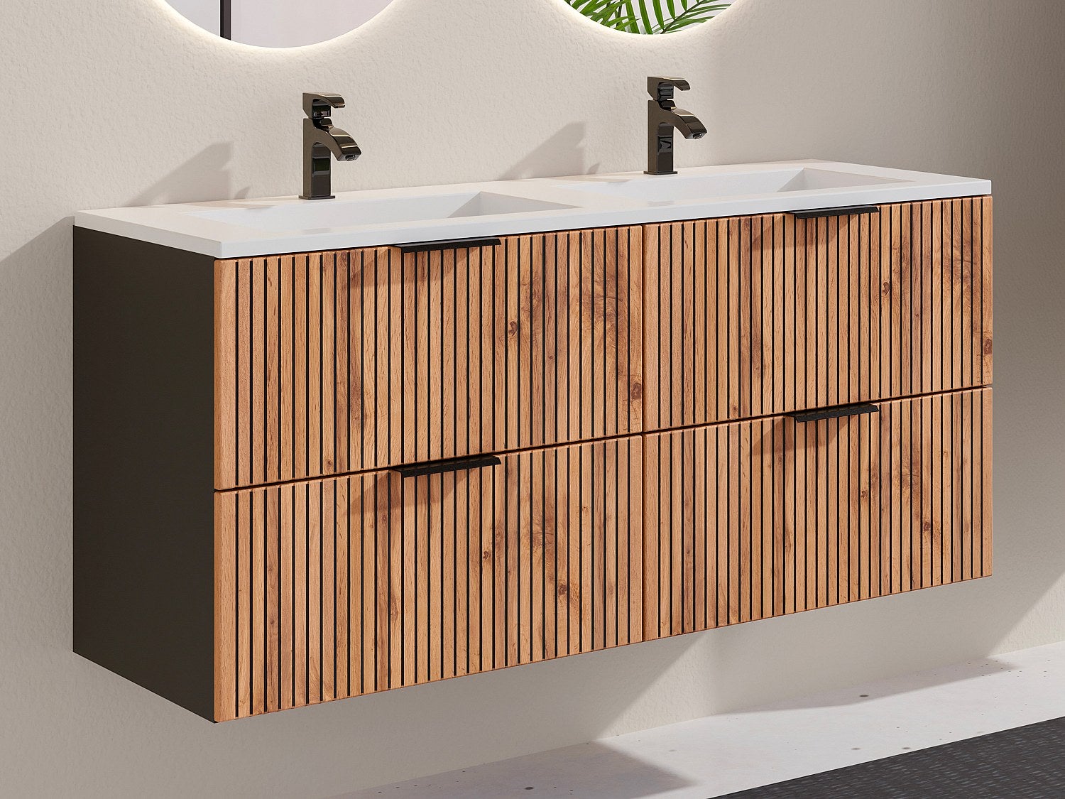 Szafka łazienkowa wisząca ryflowana z umywalką wpuszczaną w blat - Naturalny jasny i czarny - 120 cm - MADELA