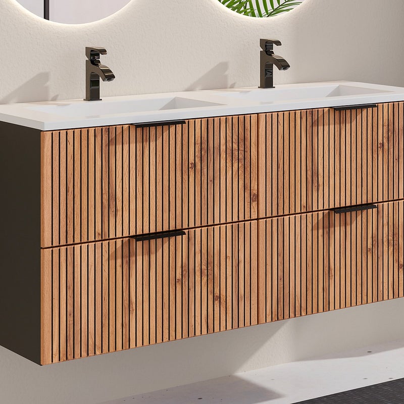 Szafka łazienkowa wisząca ryflowana z umywalką wpuszczaną w blat - Naturalny jasny i czarny - 120 cm - MADELA