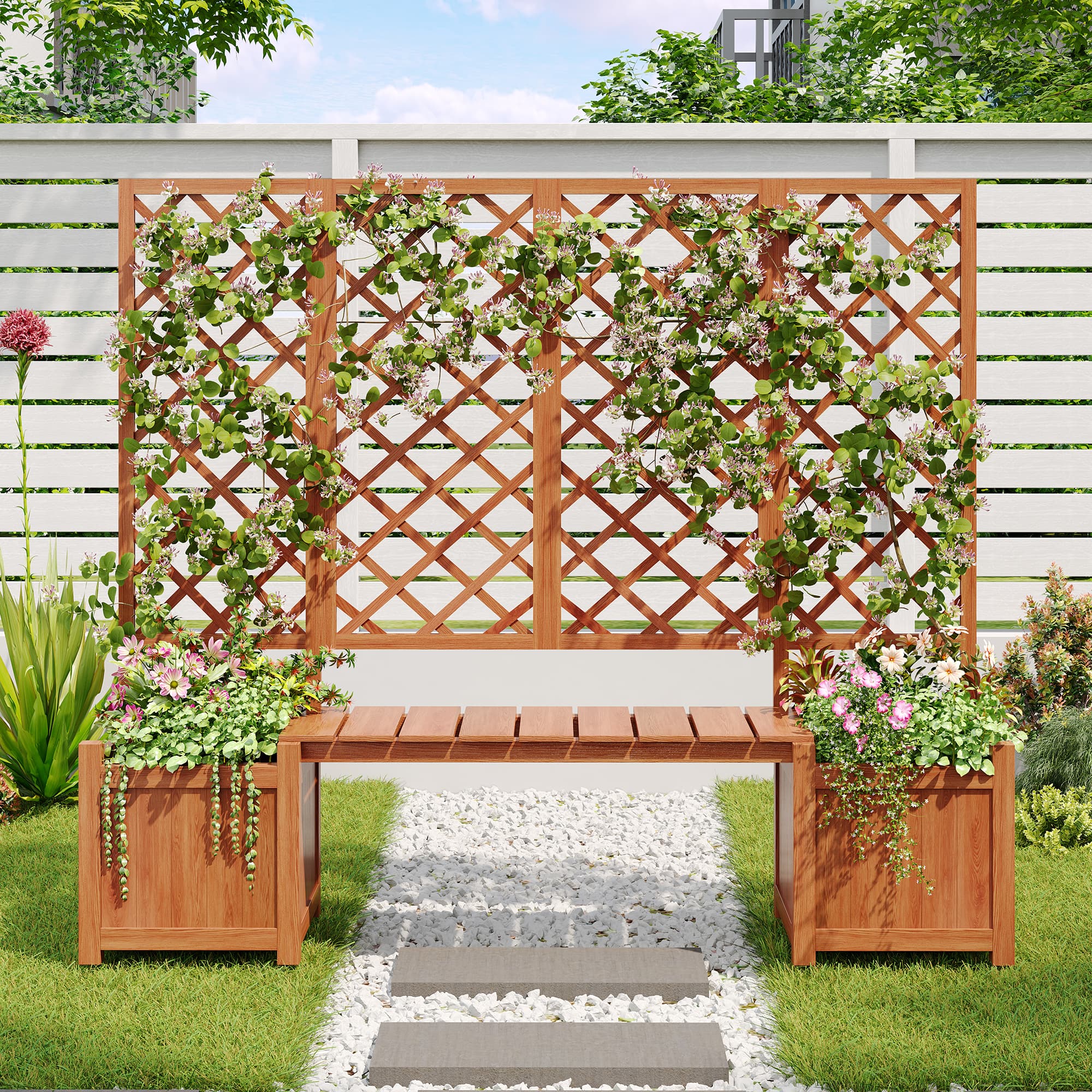 Jardinière Bois Massif Brun Sapin, Treillis pour Plantes Grimpantes avec Assise, Bac à Fleurs Grande Capacité pour Jardin, Cour et Terrasse - 5