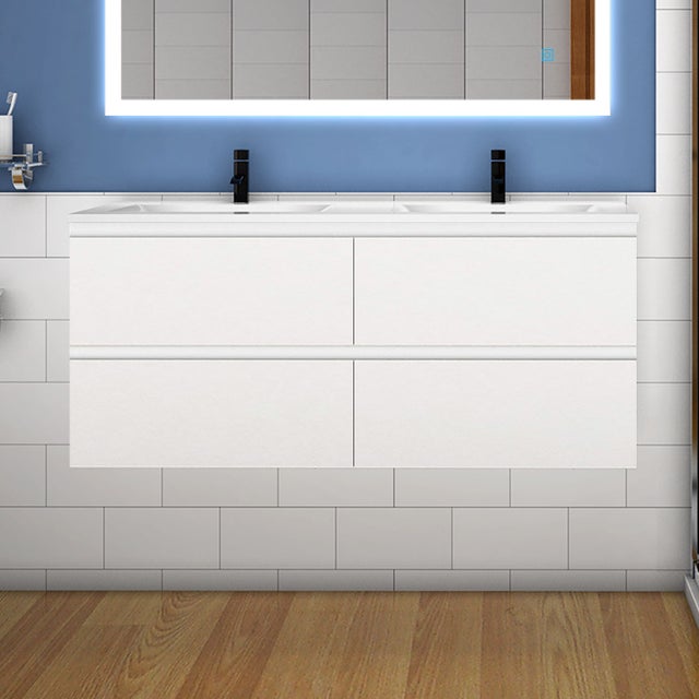 OCEAN 120(L)x46(P)x52(H)cm Meuble salle de bain blanc avec 4 tiroirs à une fermeture amortie avec deux vasques à suspendre