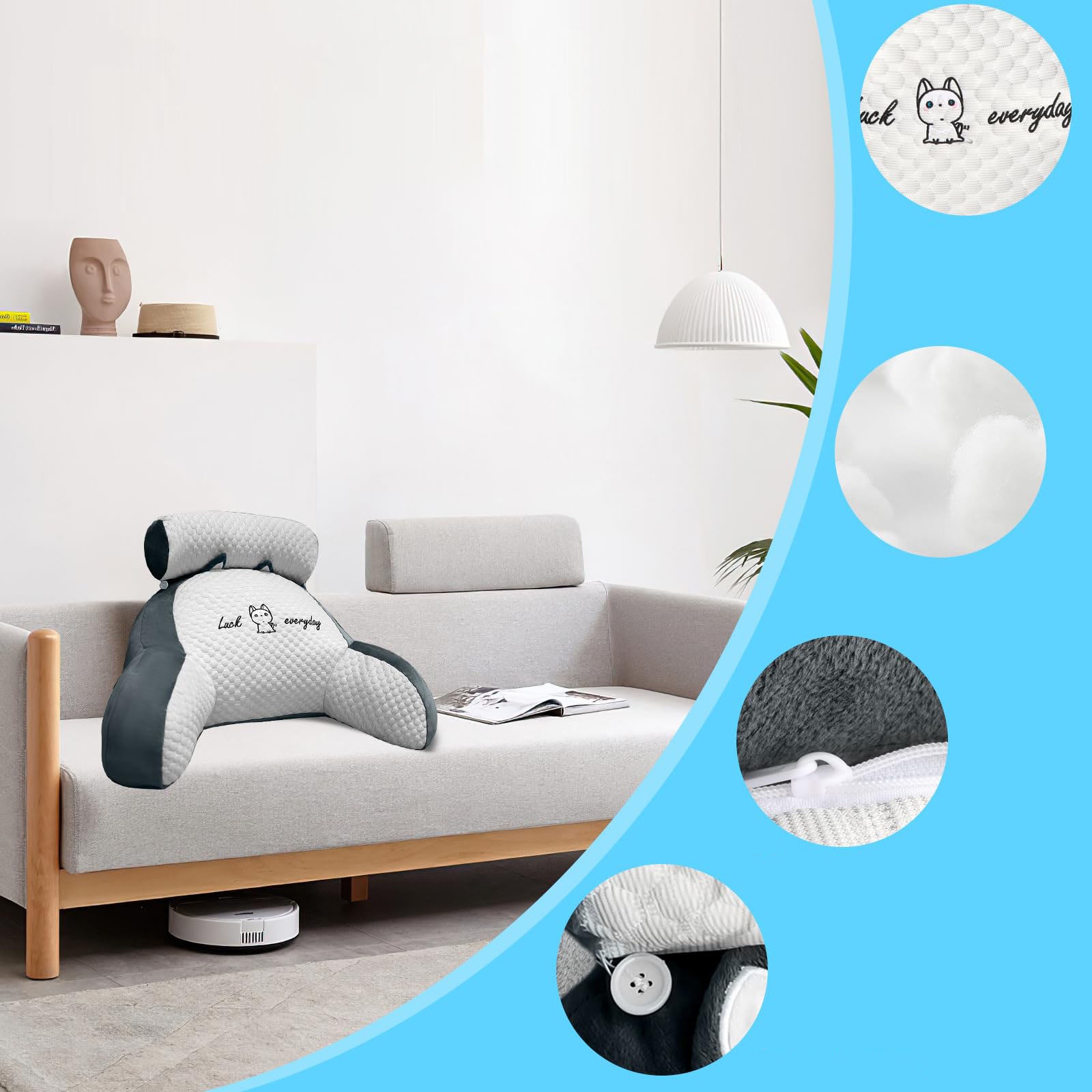 Coussin de dossier de lecture, coussin de lecture pour canapé, 60x40 cm, blanc cassé - 9