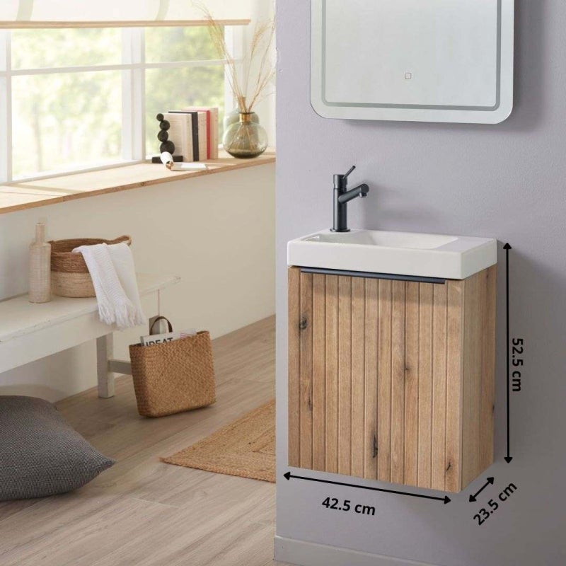 Meuble Strié Bois Solo avec poignée noire et lave-mains pour robinet à gauche - 3