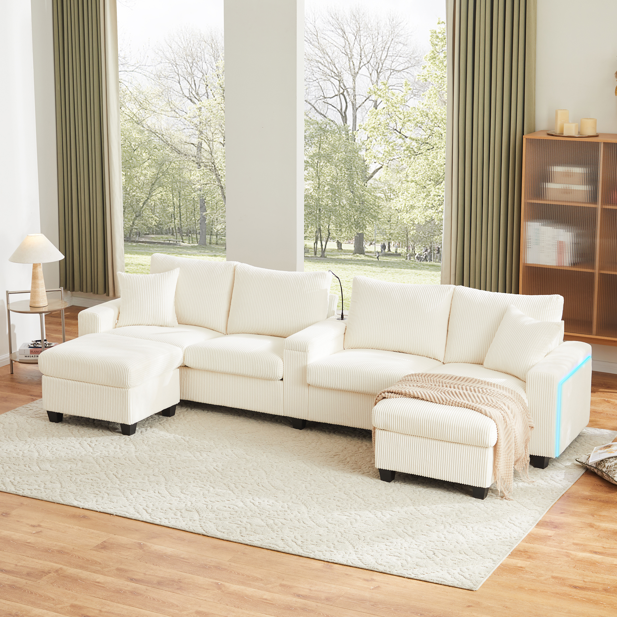 Canapé moderne en forme de U - avec USB, Type-C et lampe de lecture - avec lumières LED Porte - avec gobelet et 2 repose-pieds - Beige - 4