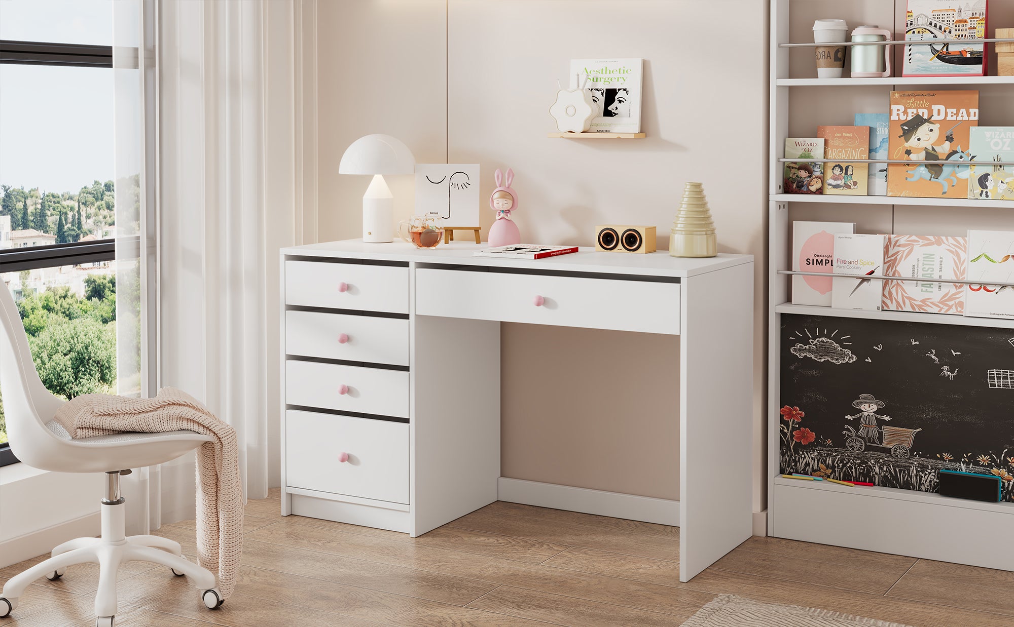 Bureau avec 5 tiroirs - 120 x 45 x 74 cm - MDF et poignées en céramique rose - Blanc - 8