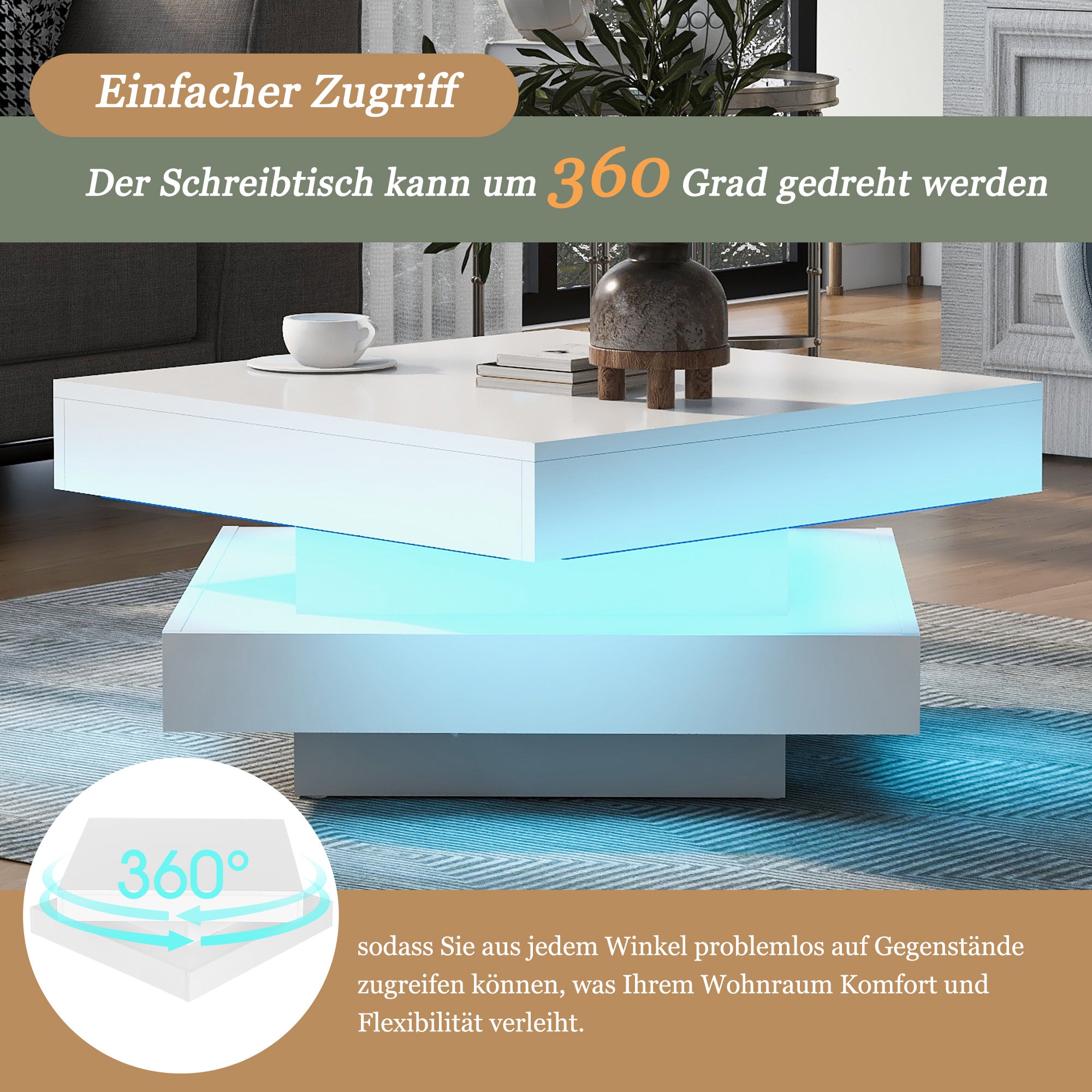 Stolik kawowy kwadratowy z obrotowym blatem - 70 x 70 x 36 cm - Diody LED - Płyta wiórowa - Biały - 4