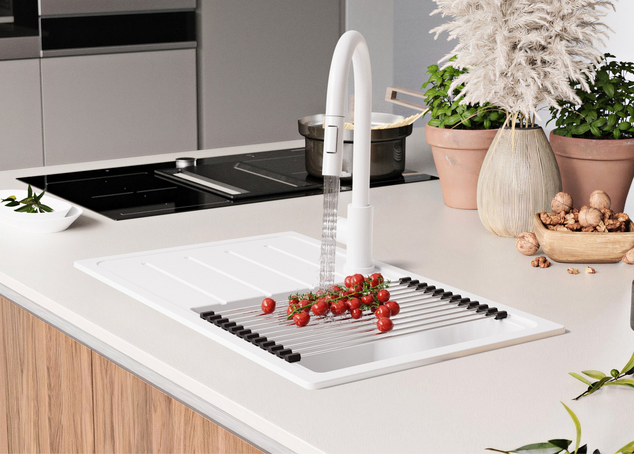 Evier Cuisine en Granit Blanc 70x44cm, Lavabo 1 bac + Kit de Vidage, Évier à Encastrer au meuble 45cm - Copenhague Easy PRIMAGRAN - 9