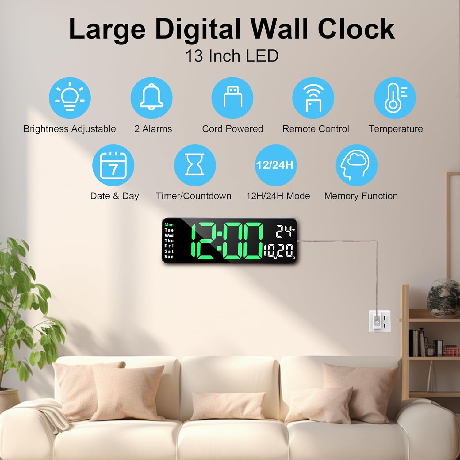 Grande orologio da parete digitale con telecomando, temperatura, data