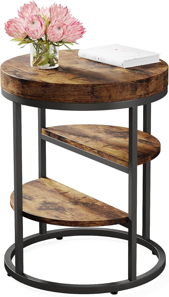 Tribesigns 50cm Table d'appoint Ronde - Petit Meuble en Bois à 3 Étagères, Style Industriel pour Salon et Chambre (Brun)