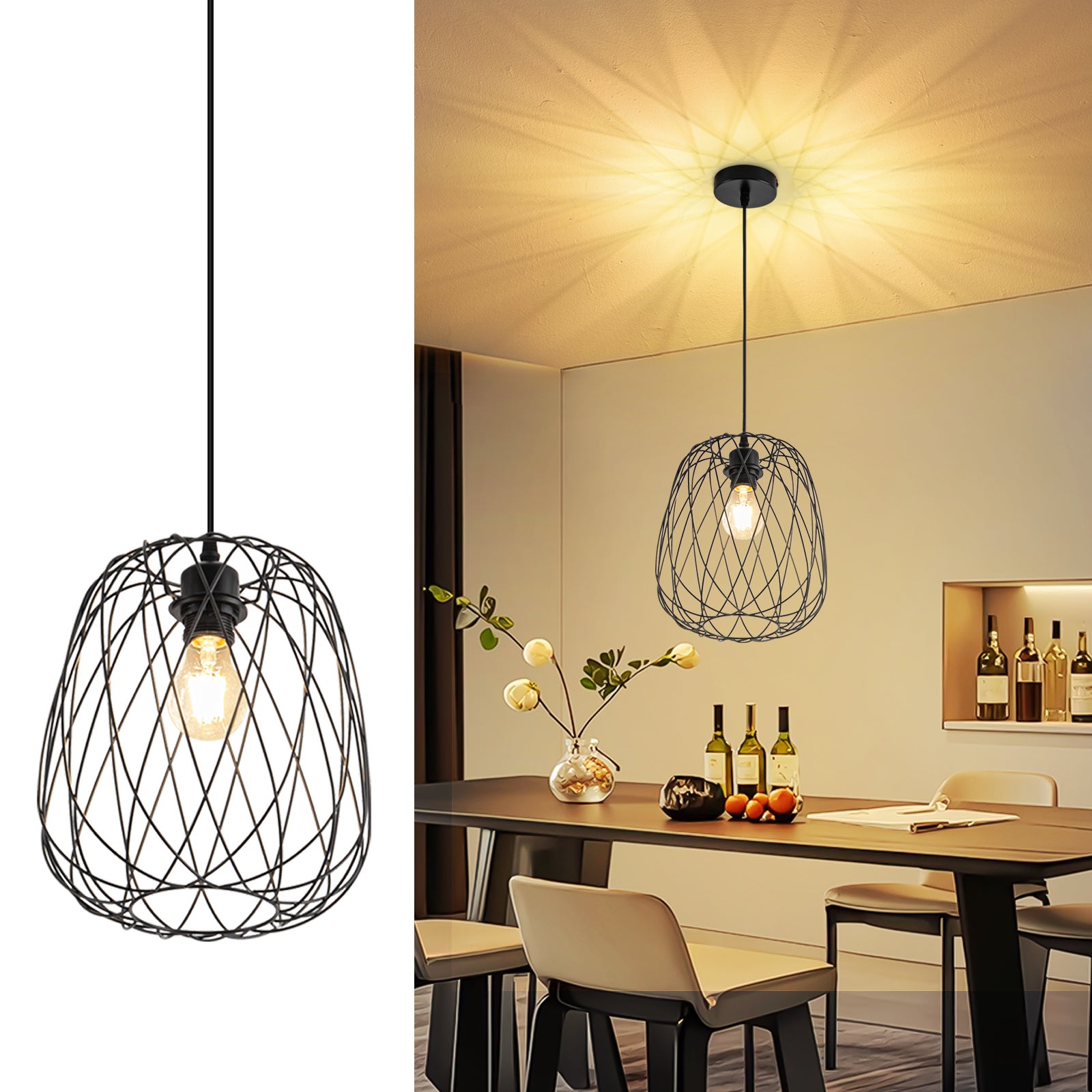 NETTLIFE Lampa wisząca do jadalni Lampa wisząca vintage - E27 Lampa wisząca sufitowa Czarna metalowa okrągła lampa wisząca