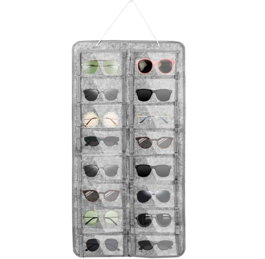 Organizer Occhiali da Sole e Vista con 16 Scomparti – Borsa da Parete Pieghevole in Feltro Antipolvere – Porta Occhiali Sospeso Salvaspazio per Casa Viaggio Armadio, Grigio