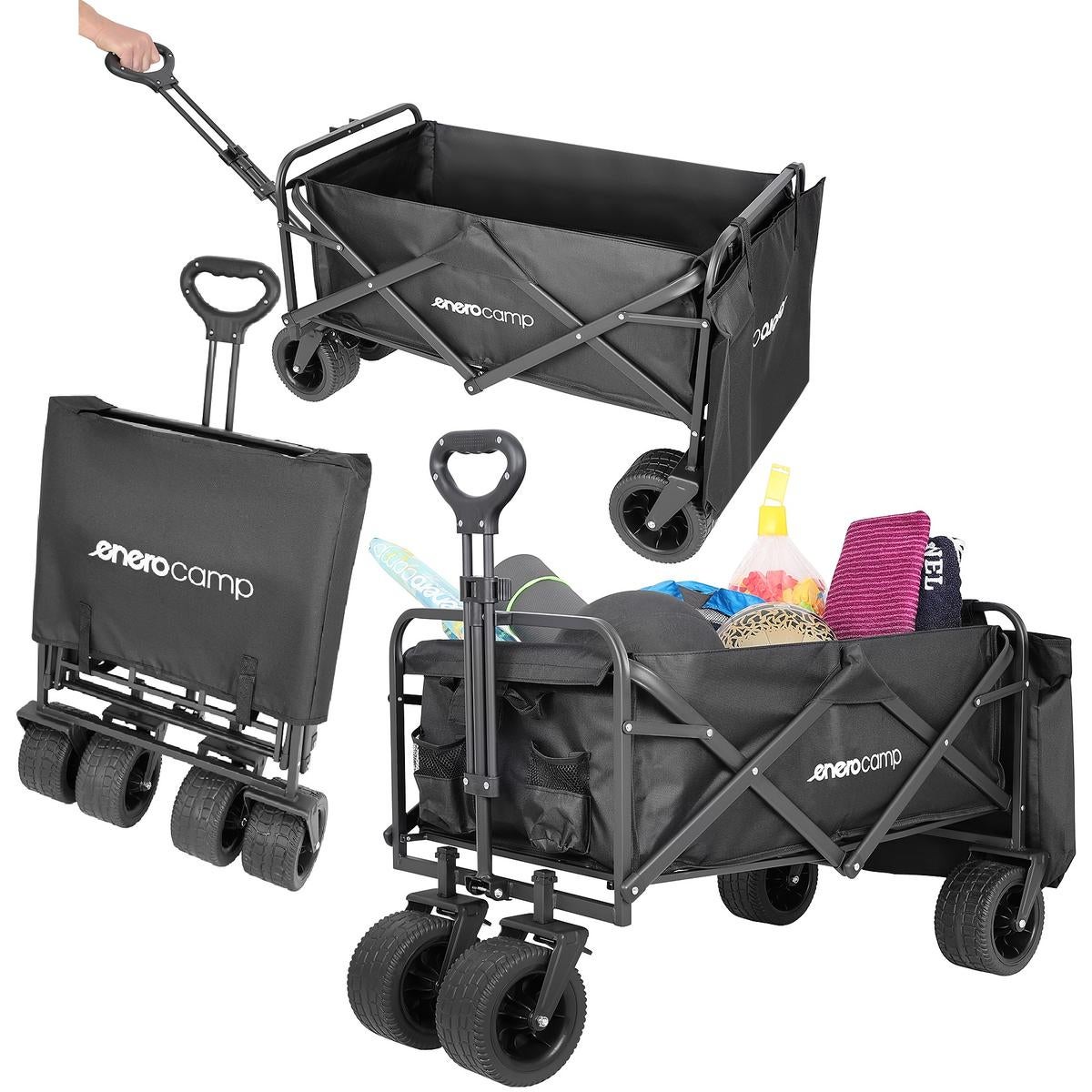 Wózek transportowy turystyczny składany Enero Camp Deluxe 225 kg 90x57x73-96 cm z uchwytem czarny