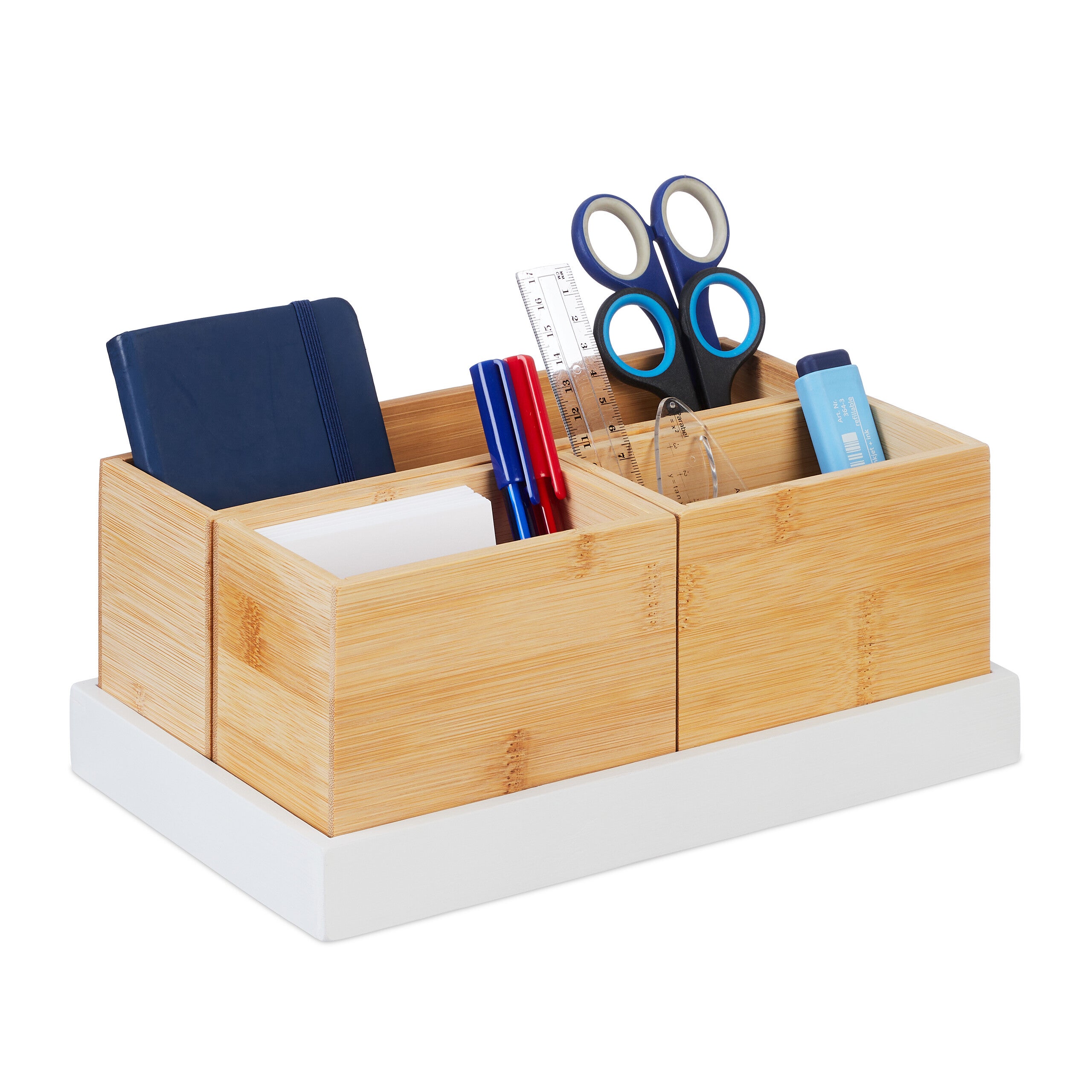 Organisateur Bureau Bambou - Tiroir Rangement A4 - Design Blanc & Naturel - Relaxdays