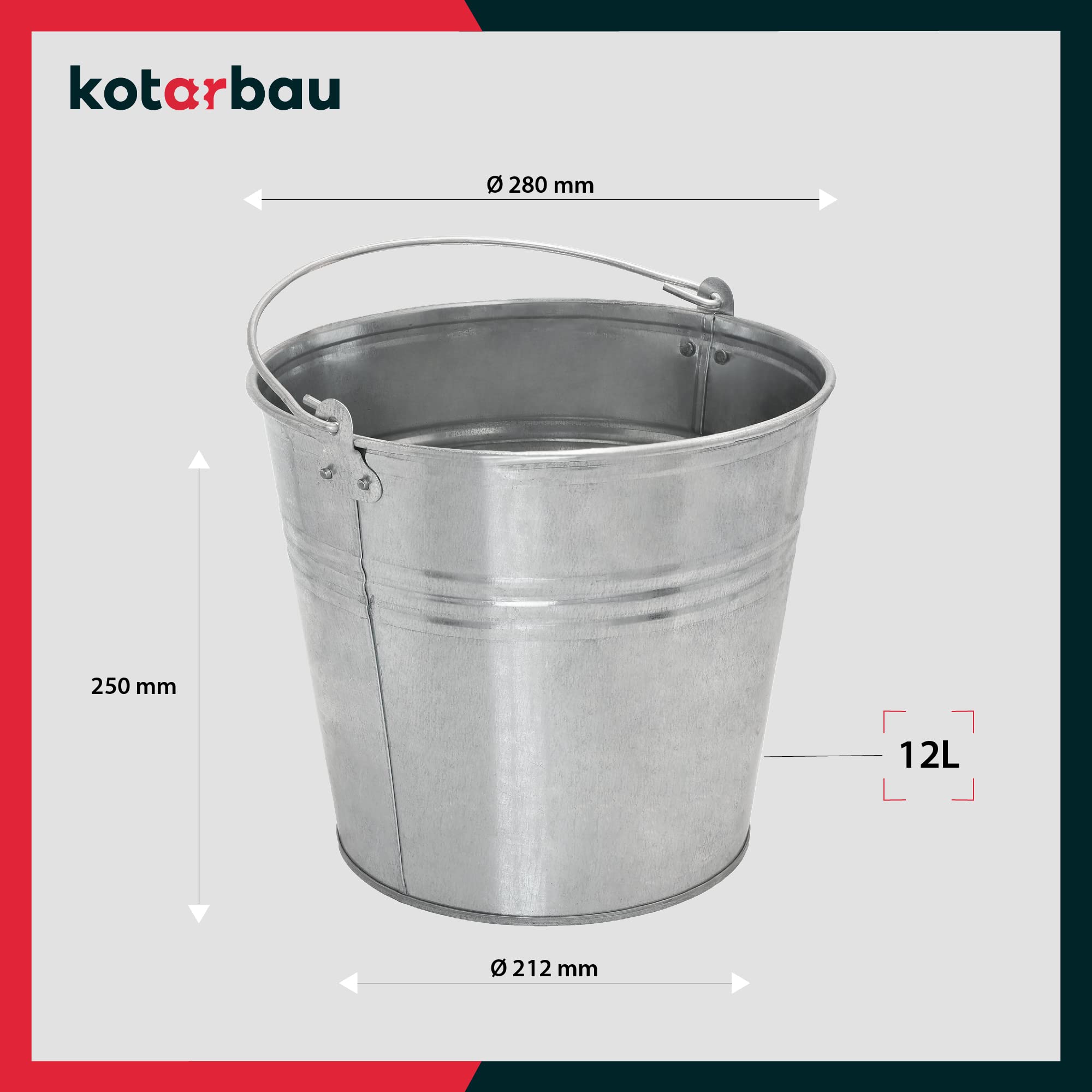 Seau à Cendre - Seau De Maçon - Acier Galvanisé - 12 L - Argent - pour le Jardinage - Résistant à la Rouille - Polyvalent KOTARBAU - 3