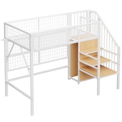 Lit mezzanine 90x200cm, lit enfant avec éclairage LED, escalier de rangement, penderie ouverte, garde-corps en filet, sans matelas, blanc - 7