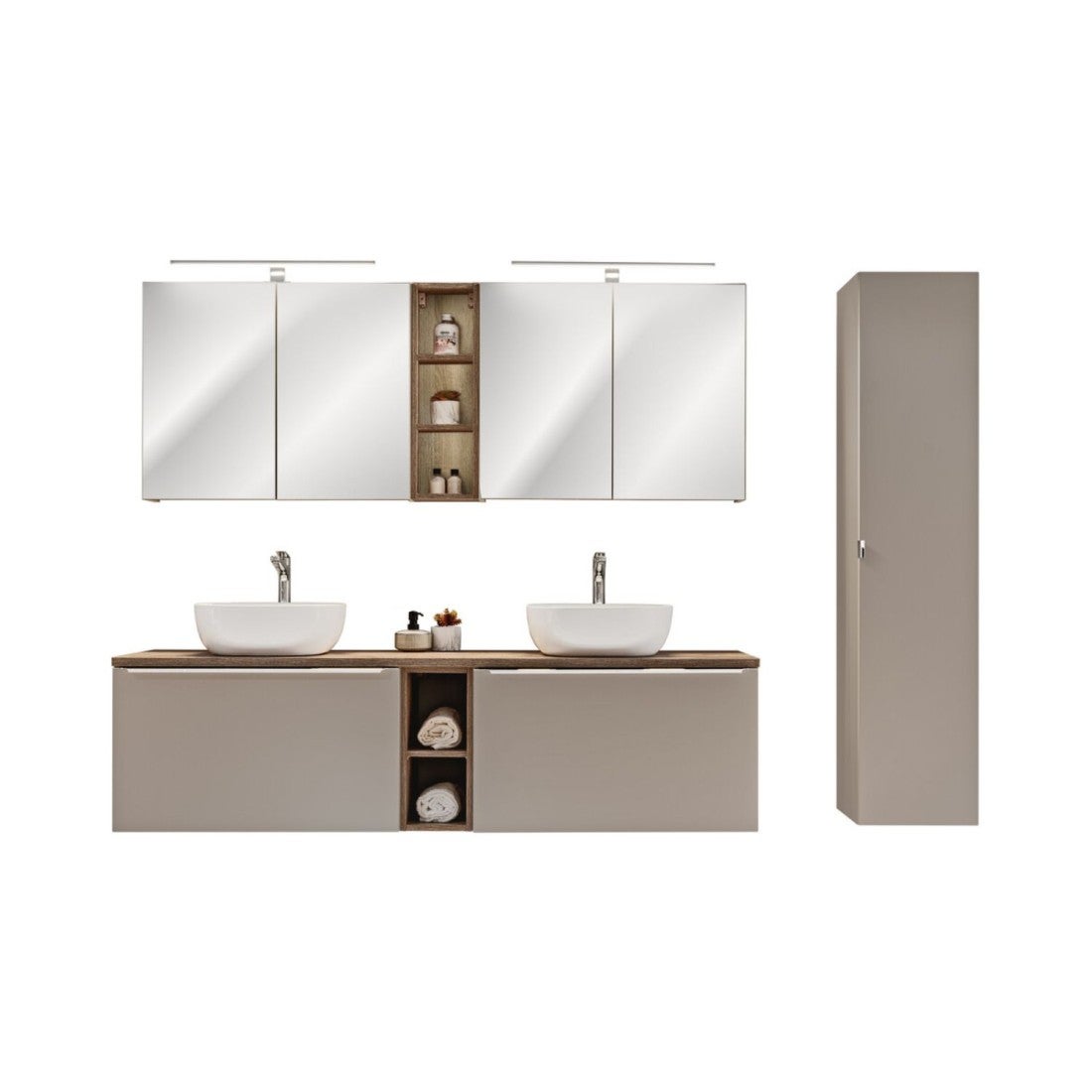 Conjunto vanta taupe: muebles bajo lavabo 180cm + lavabos sobre encimera + muebles de almacenamiento + espejos + leds