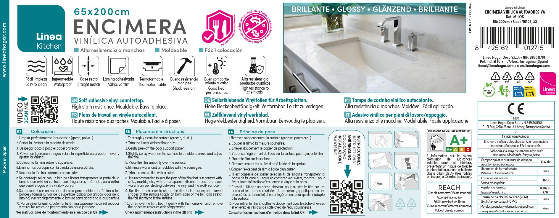 MILOS: Vinyle adhésif pour plan de travail de cuisine et salle de bain. Résistant aux taches. Imperméable. Facile à poser et à nettoyer. 0,65x2m - 12