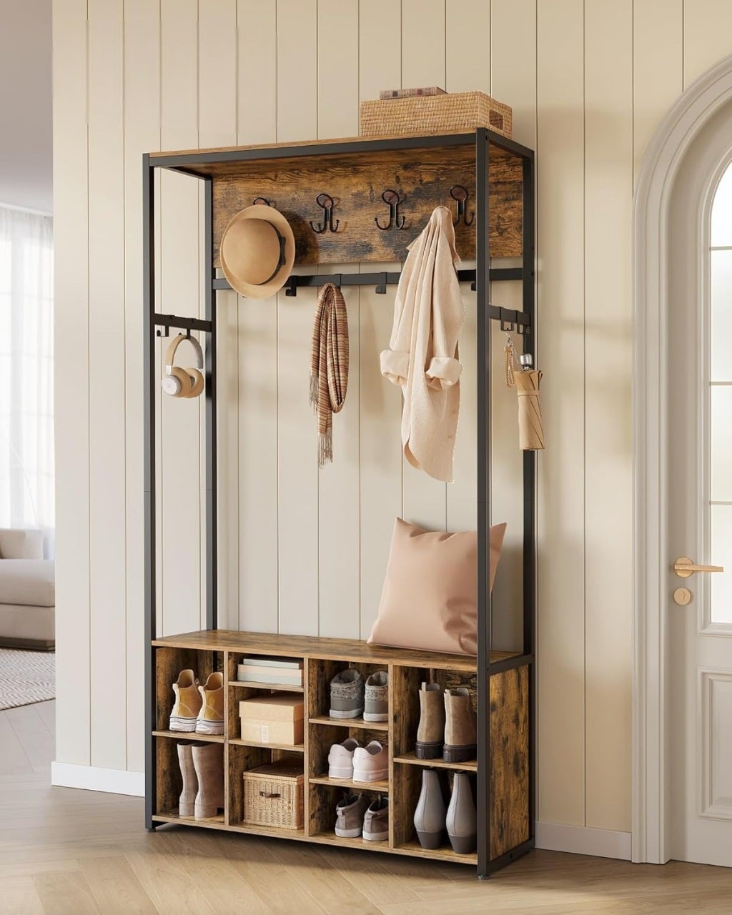 Perchero recibidor, con banco zapatero, estilo industrial, con