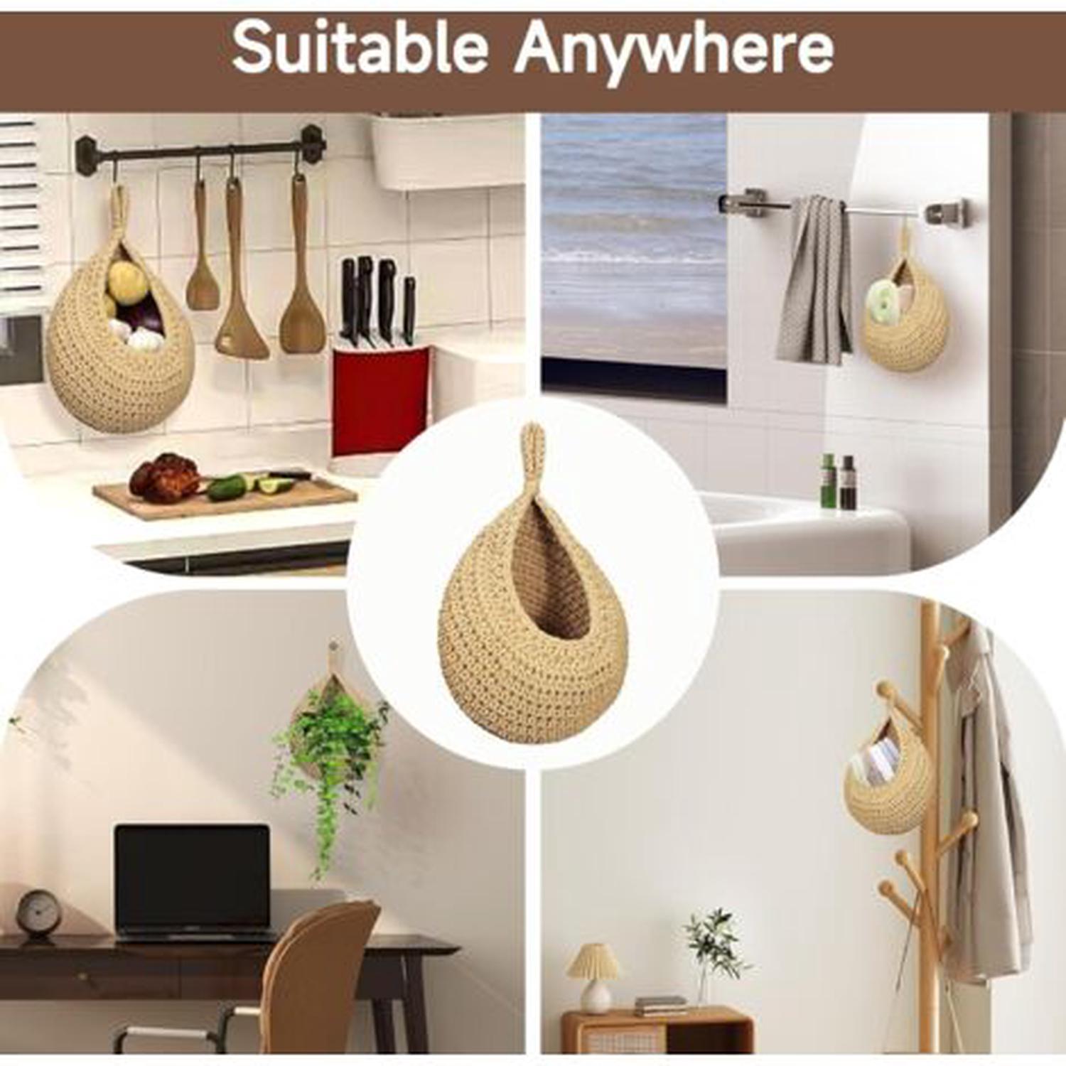 Panier mural en jute tressé à la main – Lot de 3 paniers suspendus en forme de goutte d'eau – Rangement fruits et légumes pour cuisine et salon - 3