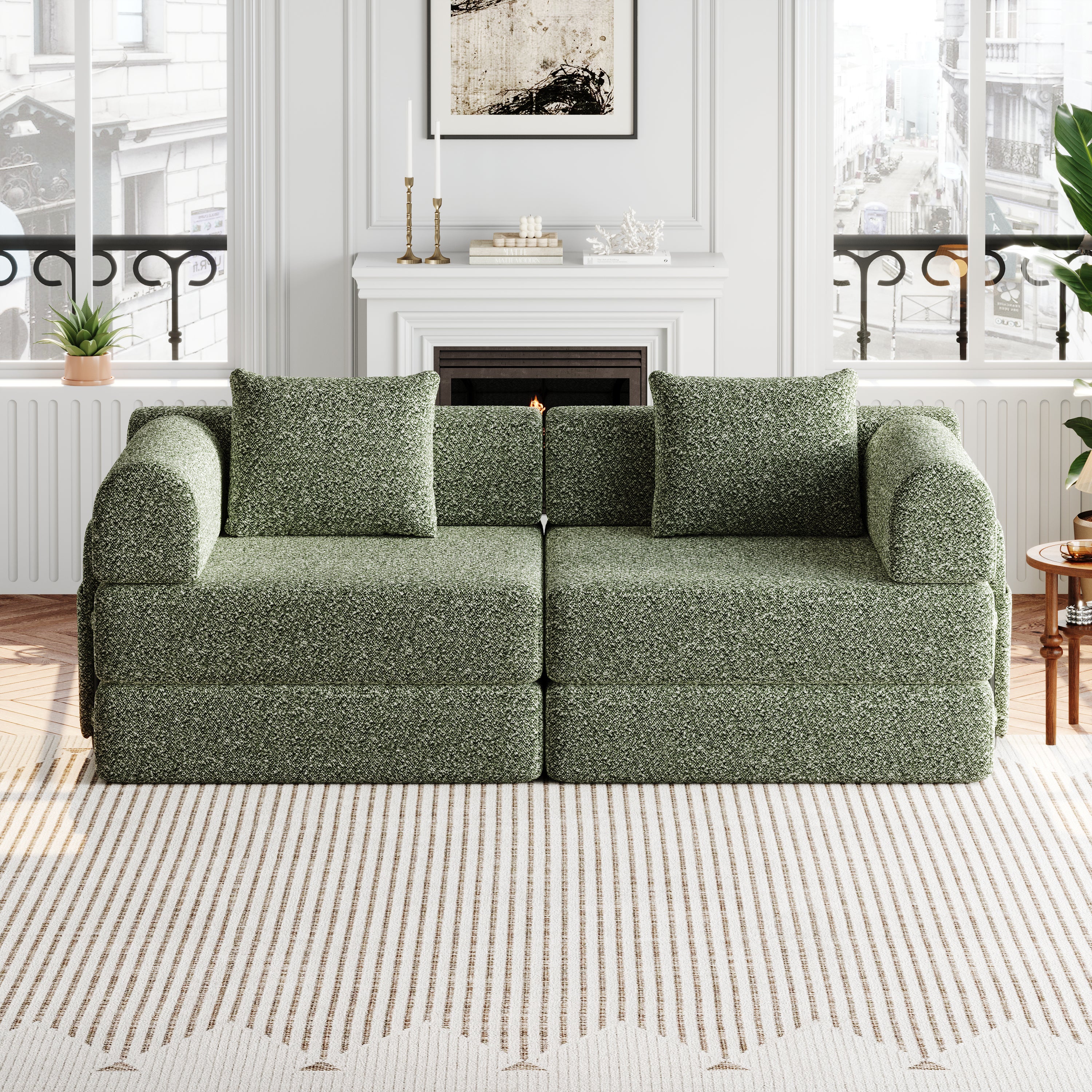 Canapé convertible 2 en 1 avec rangement accoudoir,canapé nuage structure métal multi-configurations,assise confortable pour salon,tissu chenille,vert - 8