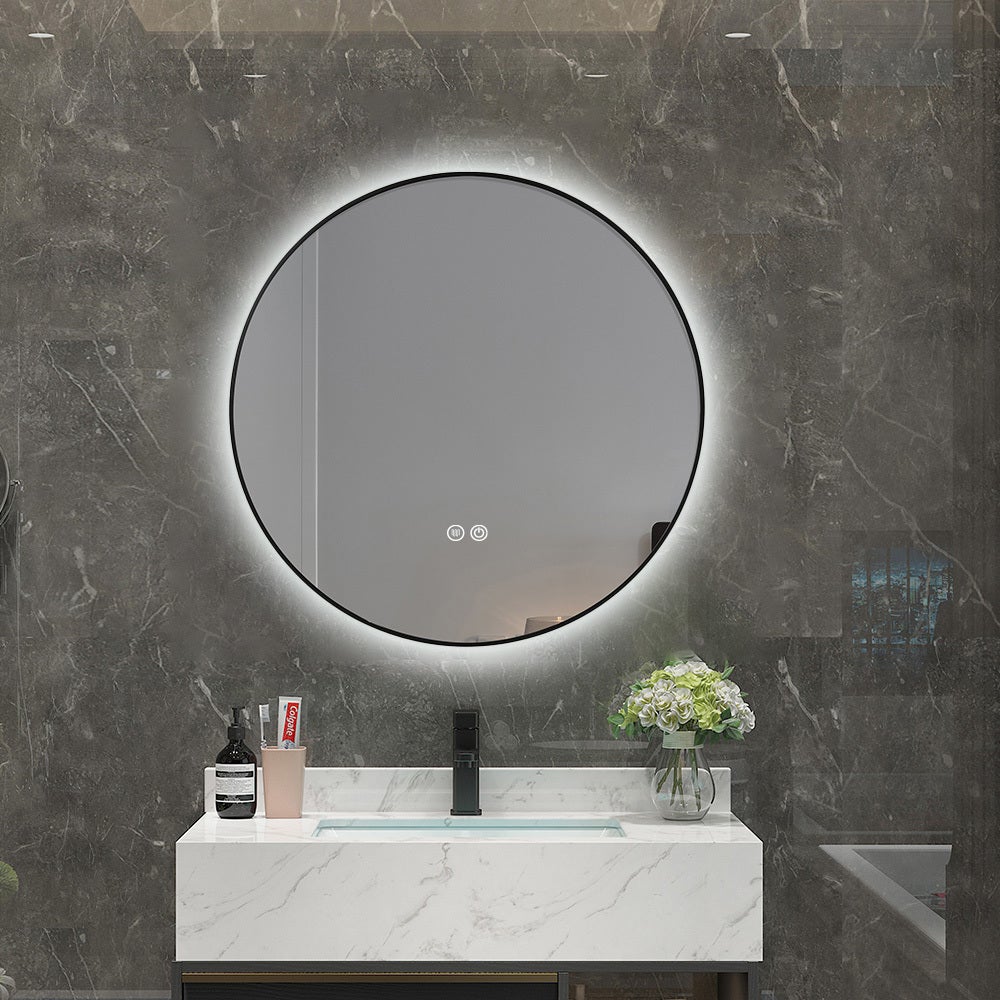Miroir salle de bain LED rond 60cm anti buée avec cadre noir LB-4647BA ...