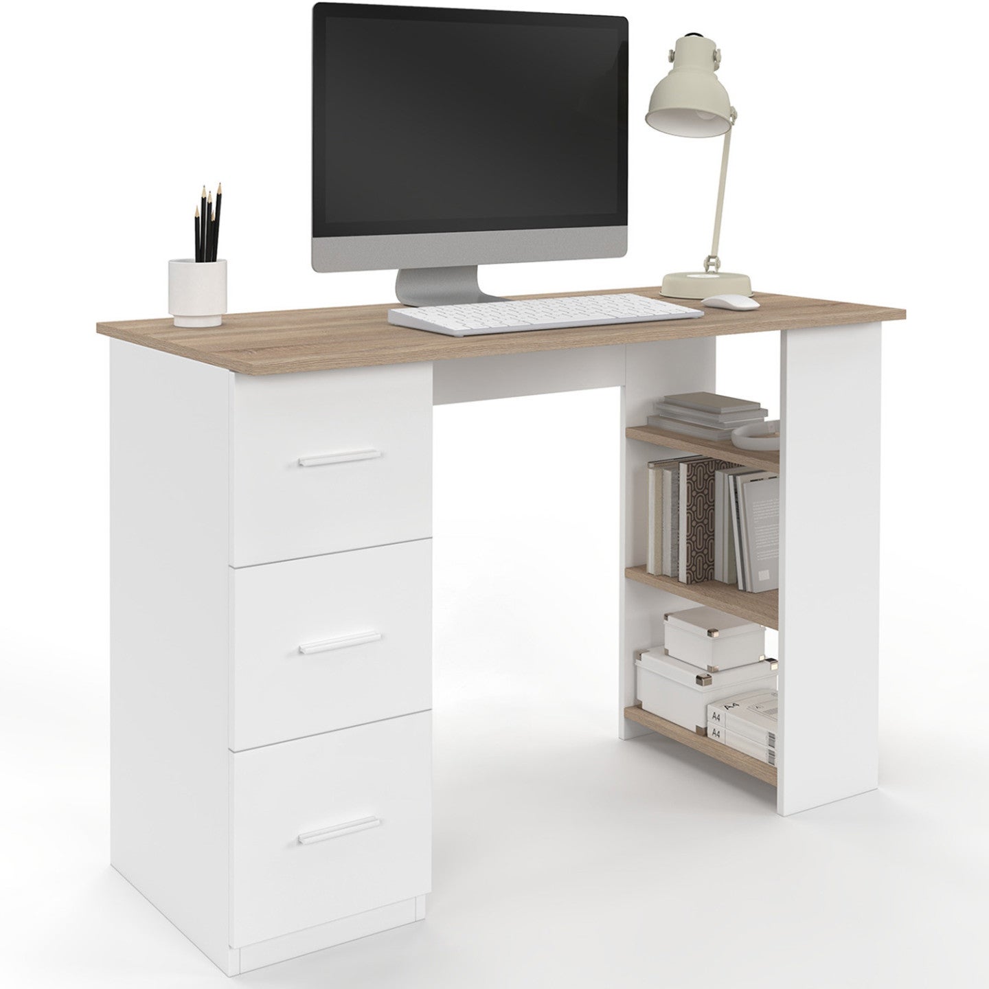 Bureau droit MAE 3 tiroirs avec étagères de rangement blanc et bois - 2