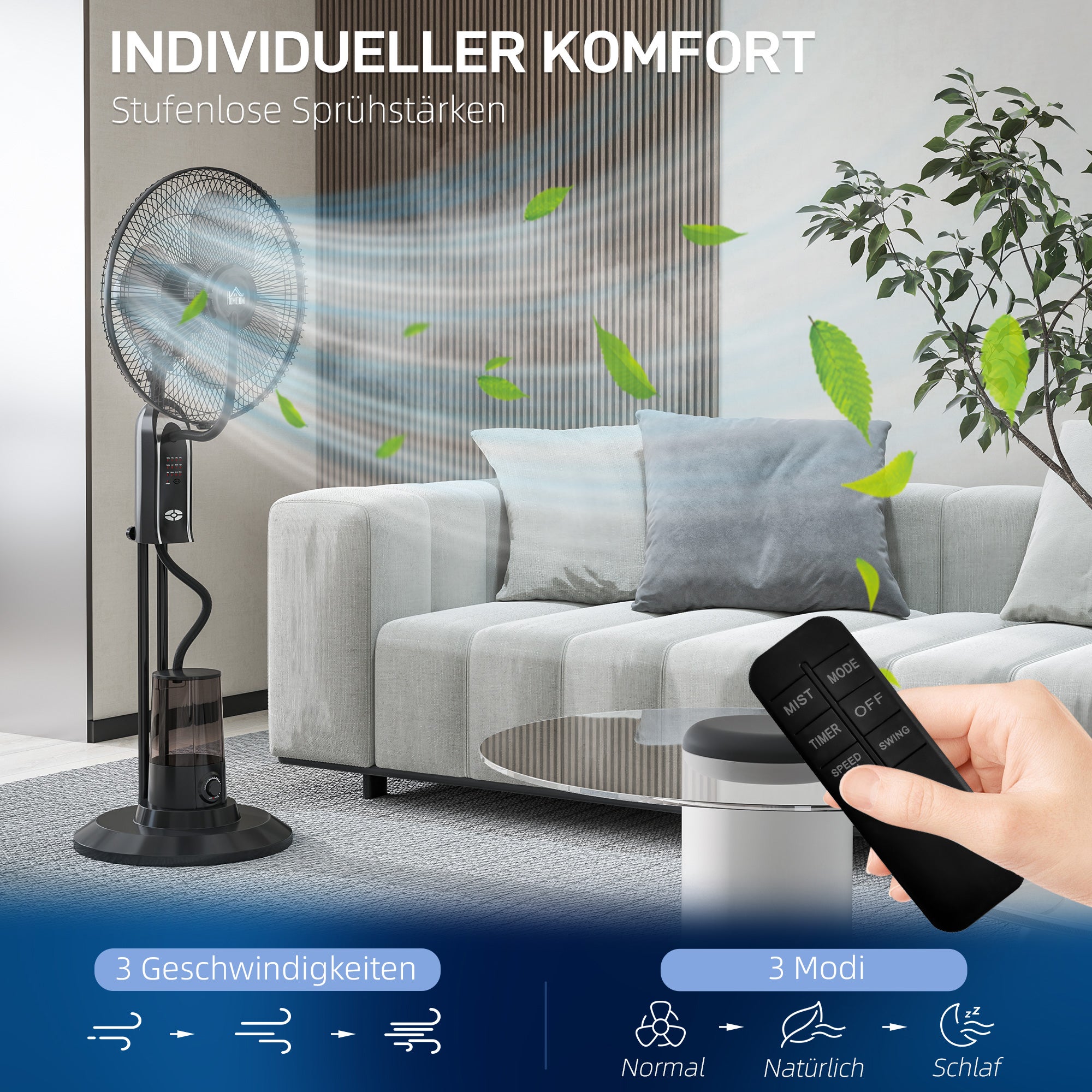 Ventilateur à refroidissement par eau avec humidificateur, inclinable à 10°, oscillant à 70°, 3 vitesses, 75 W, noir - 7