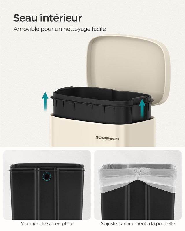Poubelle Cuisine 30L, Poubelle à Pédale, avec Couvercle à Fermeture en Douceur, Seau Intérieur, en Acier, Beige Sable - 6